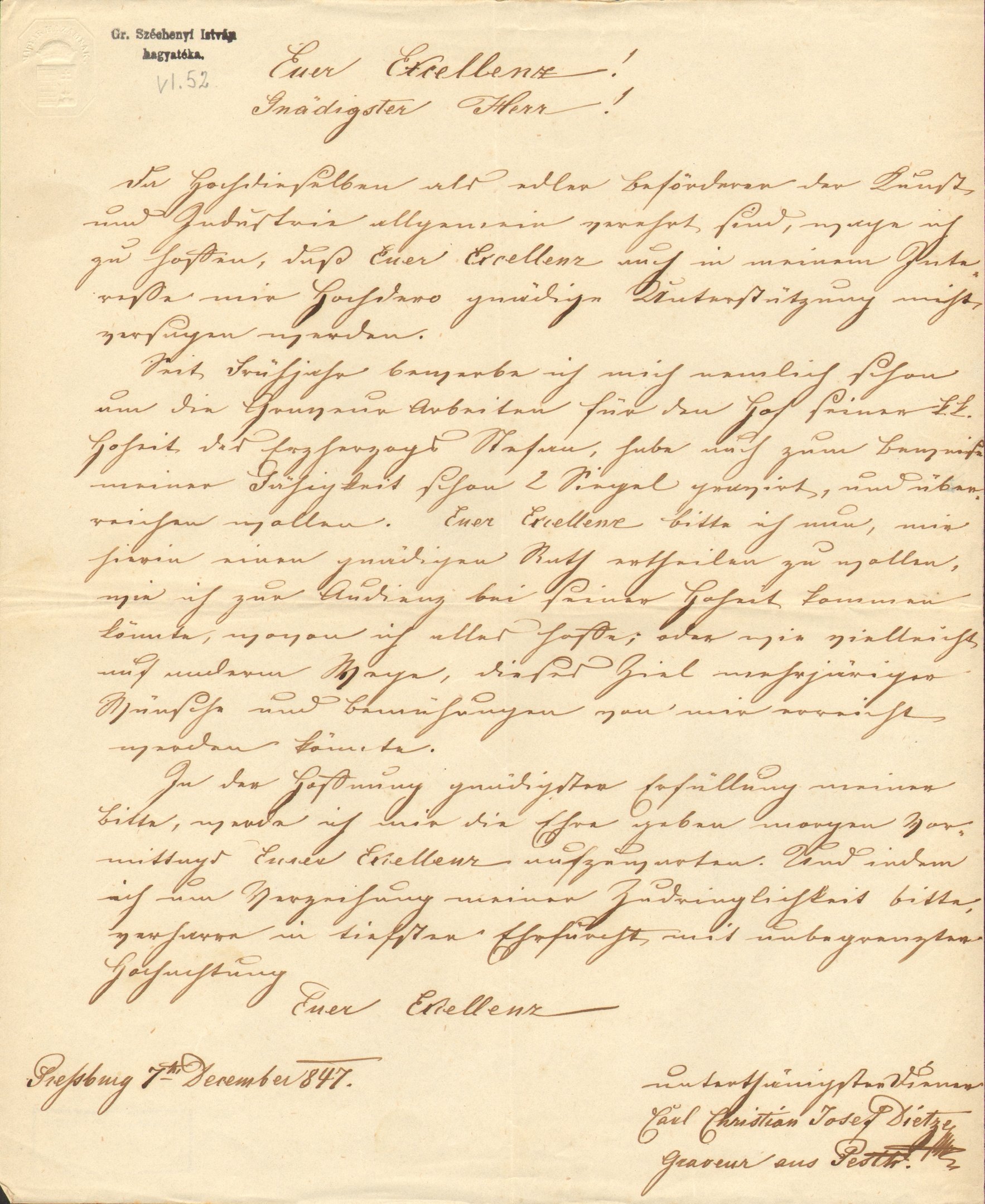 C.C. Joseph Dietz levele Széchenyi Istvánhoz (Magyar Környezetvédelmi és Vízügyi Múzeum - Duna Múzeum CC BY-NC-SA)