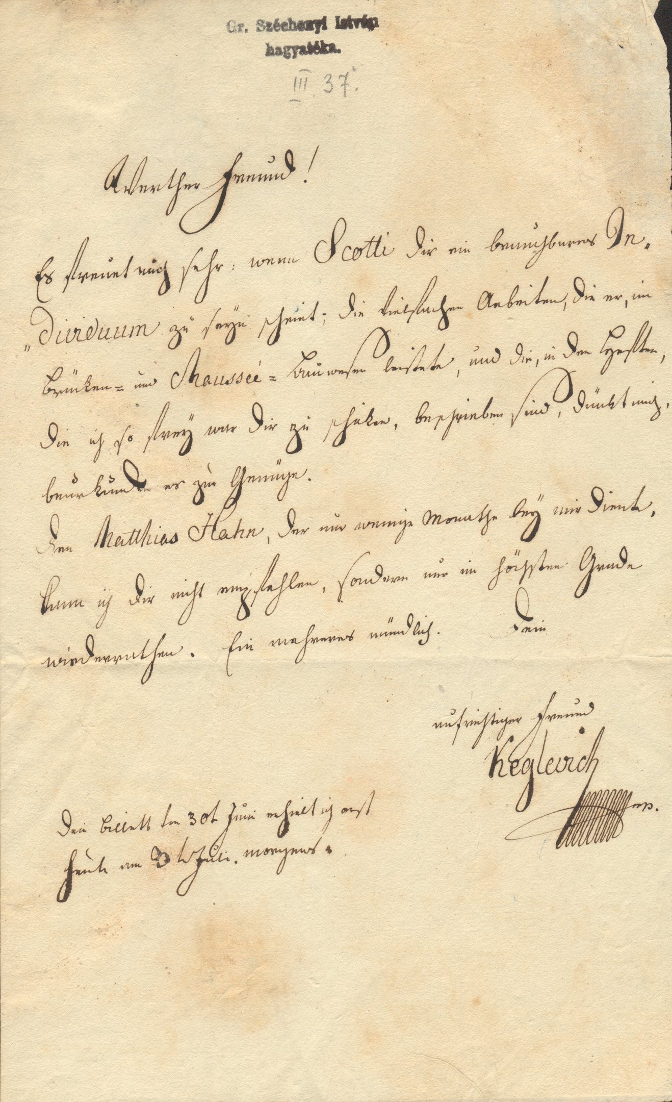 Gr. Keglevich Gábor levele Széchenyi Istvánhoz (Magyar Környezetvédelmi és Vízügyi Múzeum - Duna Múzeum CC BY-NC-SA)