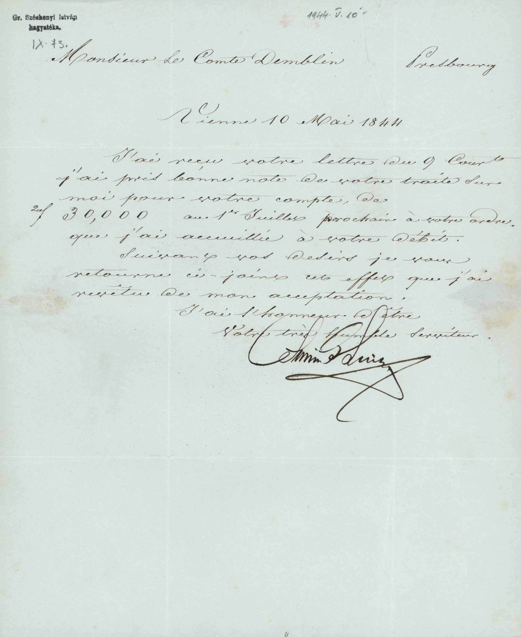 Br. Sina Simon levele Demblin grófhoz (Magyar Környezetvédelmi és Vízügyi Múzeum - Duna Múzeum CC BY-NC-SA)
