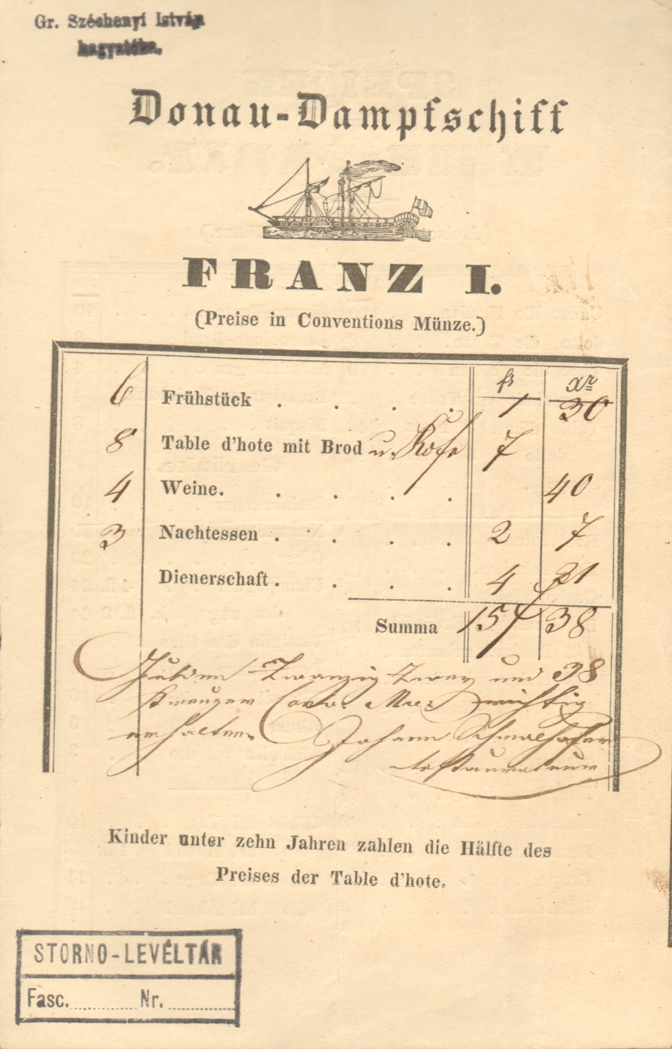 Étlap és számla a Franz I. gőzhajón fogyasztható ételekről és italokról (Magyar Környezetvédelmi és Vízügyi Múzeum - Duna Múzeum CC BY-NC-SA)