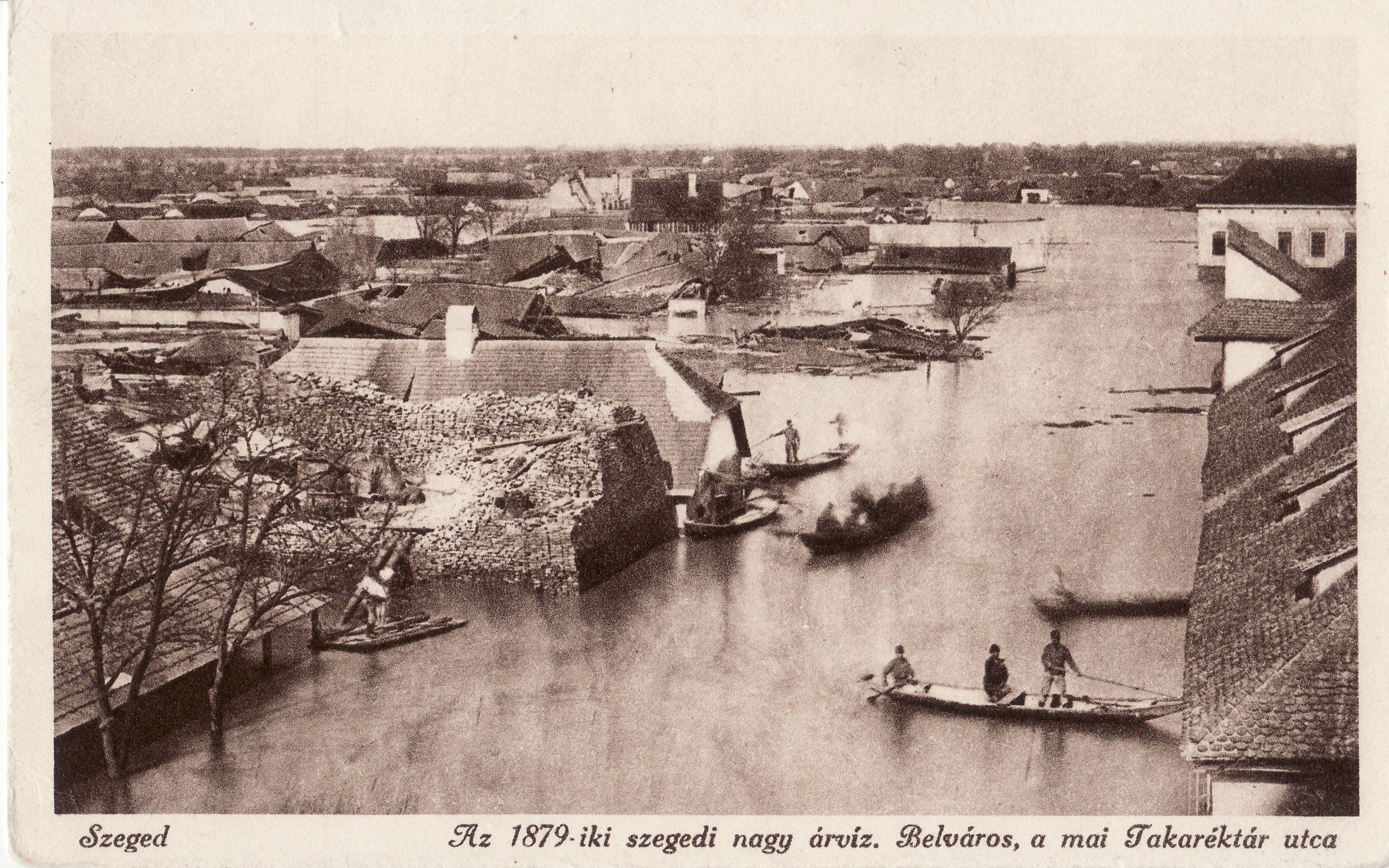 Szeged – Az 1879-iki szegedi nagy árvíz. Belváros, a mai Takaréktár utca (Magyar Környezetvédelmi és Vízügyi Múzeum - Duna Múzeum CC BY-NC-SA)