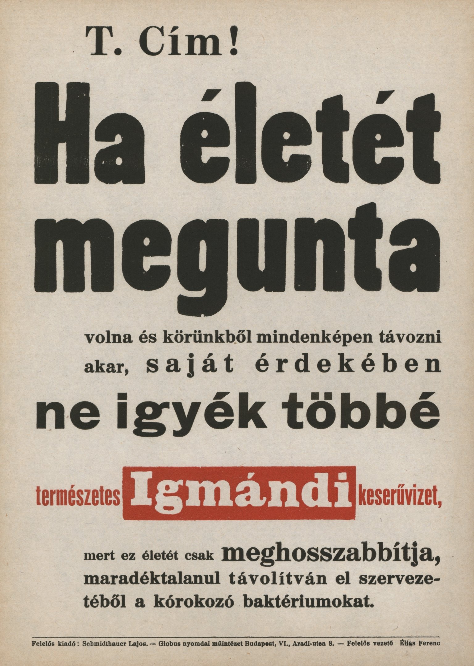 Ha életét megunta... - Igmándi keserűvíz reklám-villamosplakátja (Magyar Környezetvédelmi és Vízügyi Múzeum - Duna Múzeum CC BY-NC-SA)