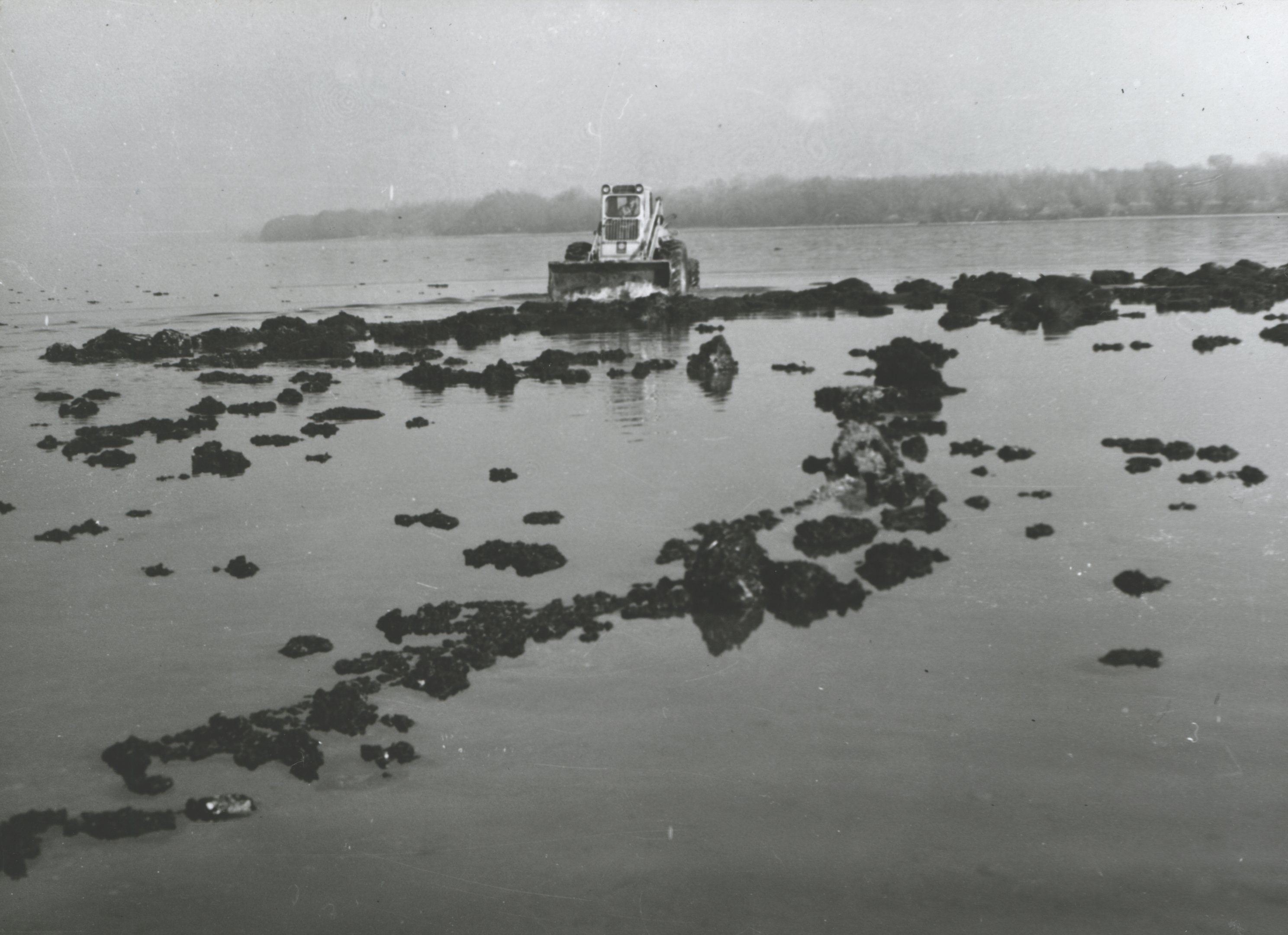 Volvo rakodógép leeresztett kanállal tolja partra a nagy pakura darabot (Magyar Környezetvédelmi és Vízügyi Múzeum - Duna Múzeum CC BY-NC-SA)