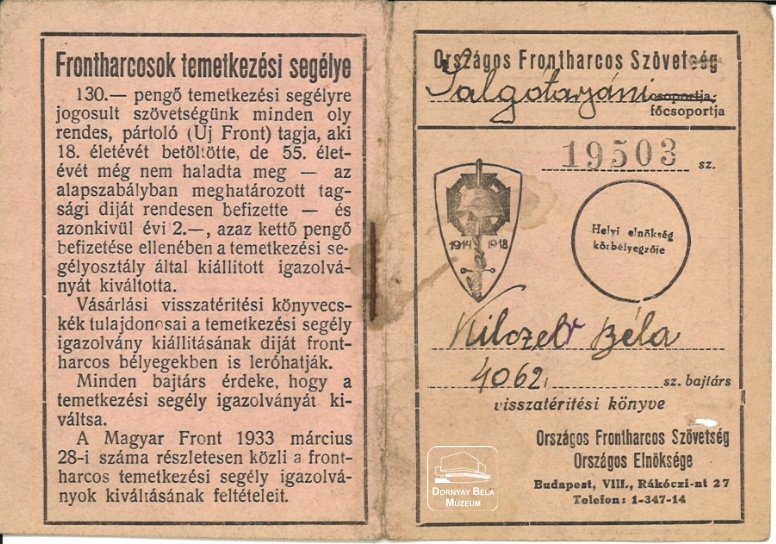 Kilczer Béla visszatérítési könyve (Dornyay Béla Múzeum, Salgótarján CC BY-NC-SA)
