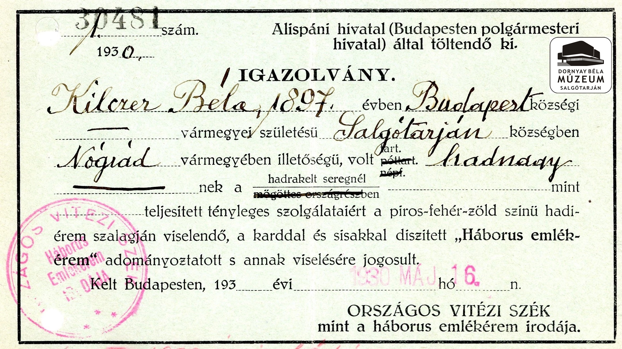 Kilczer Béla igazolványa emlékérem-viselési jogosultságáról (Dornyay Béla Múzeum, Salgótarján CC BY-NC-SA)