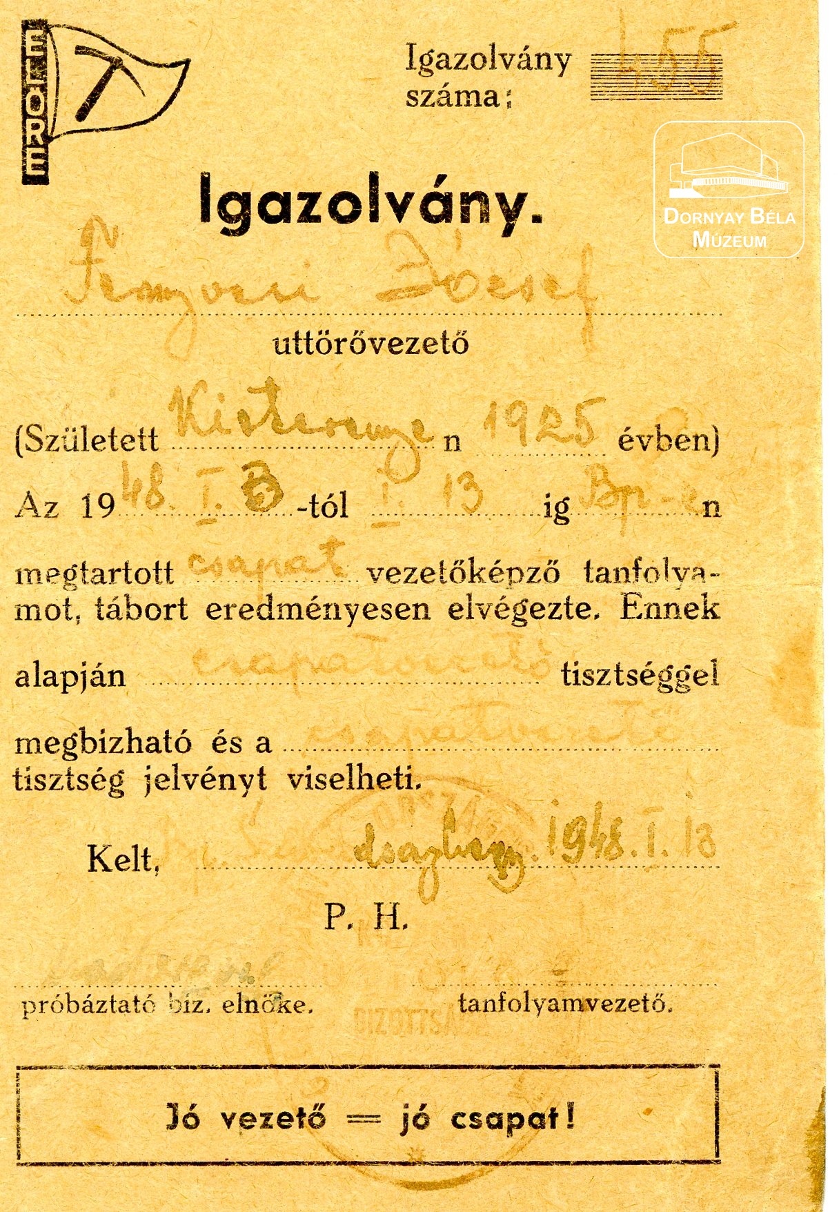 Fenyvesi József úttörővezető igazolványa (Dornyay Béla Múzeum, Salgótarján CC BY-NC-SA)