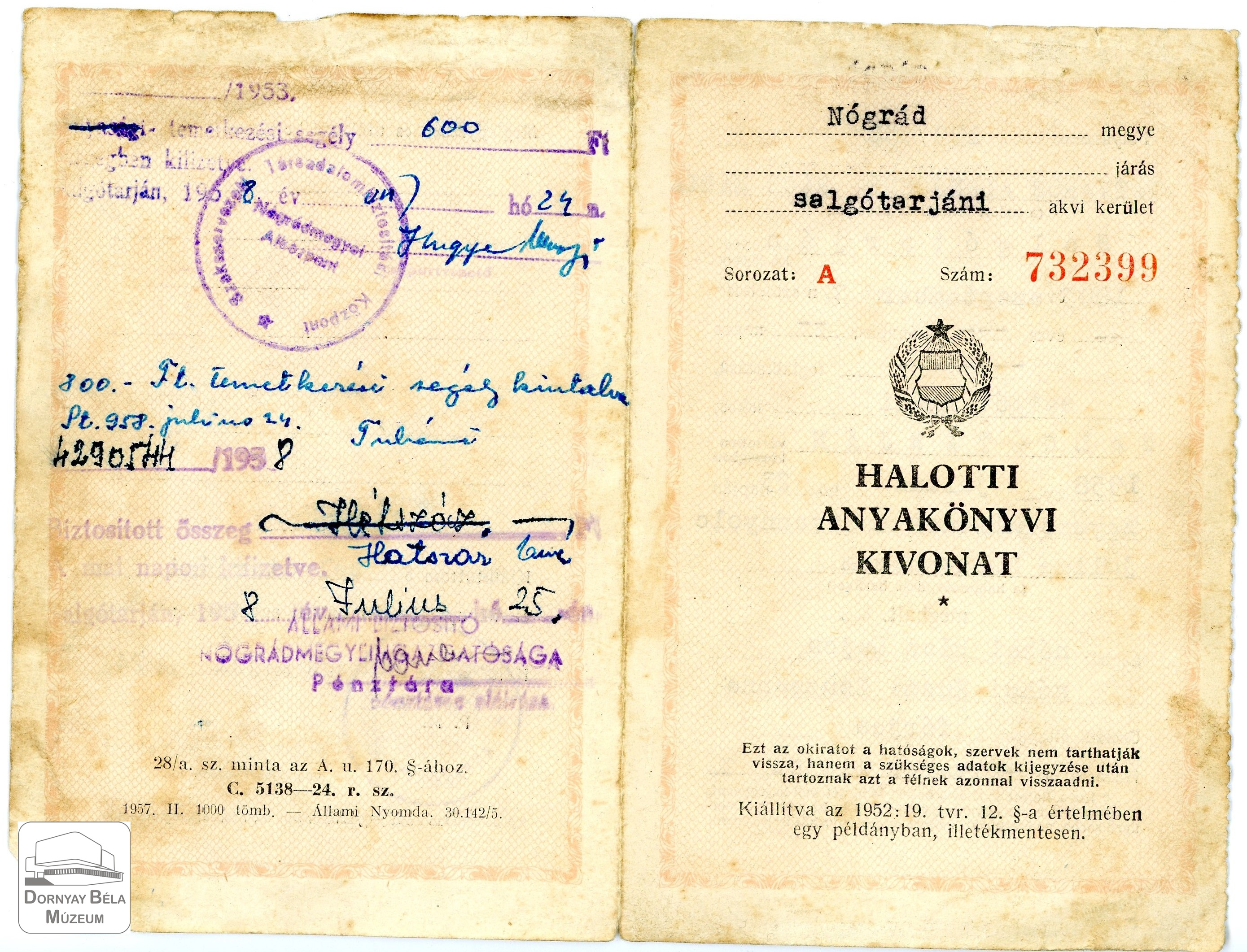 Patvaros Alajosné halotti anyakönyvi kivonata (Dornyay Béla Múzeum, Salgótarján CC BY-NC-SA)