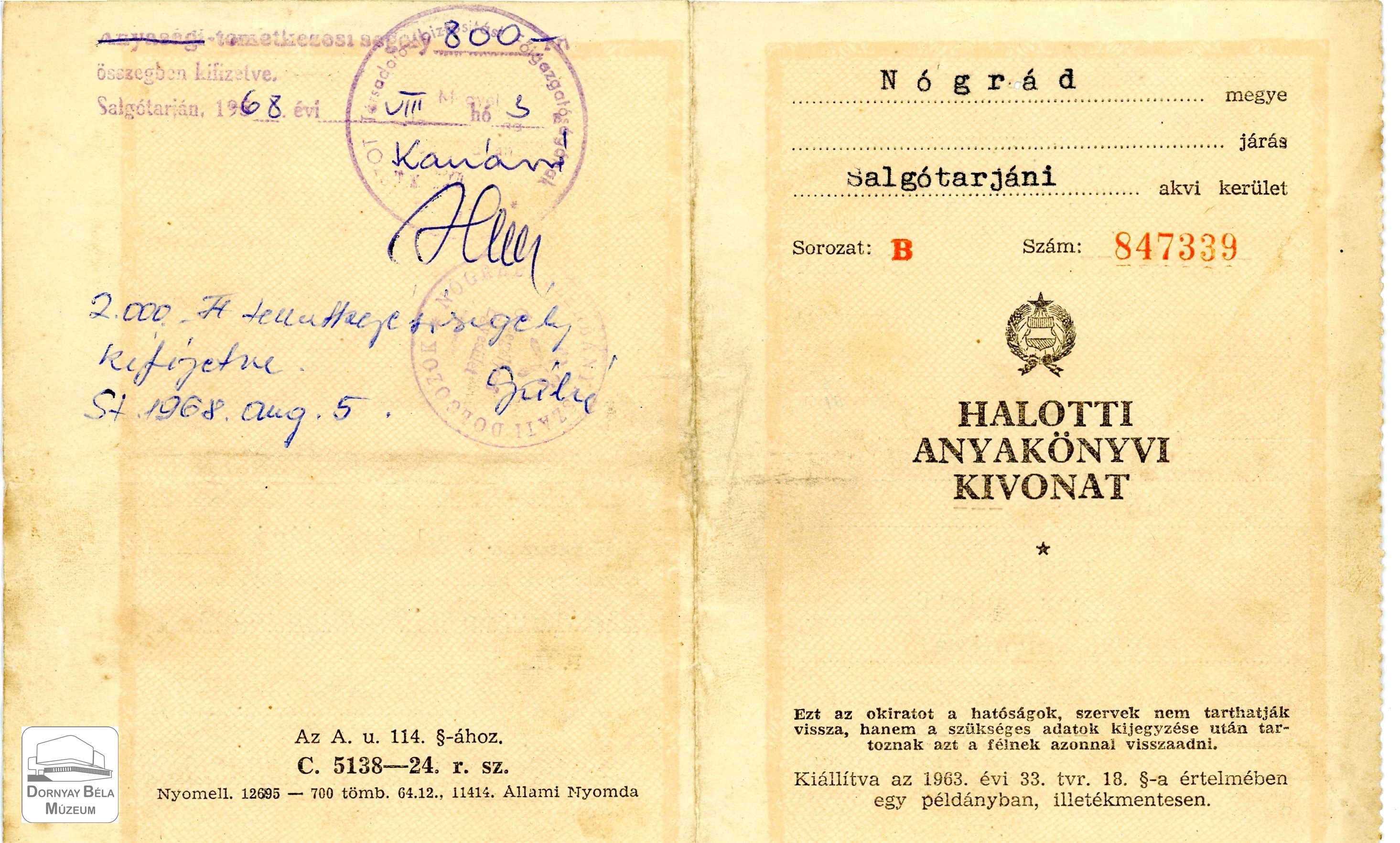 Patvaros Alajos halotti anyakönyvi kivonata (Dornyay Béla Múzeum, Salgótarján CC BY-NC-SA)