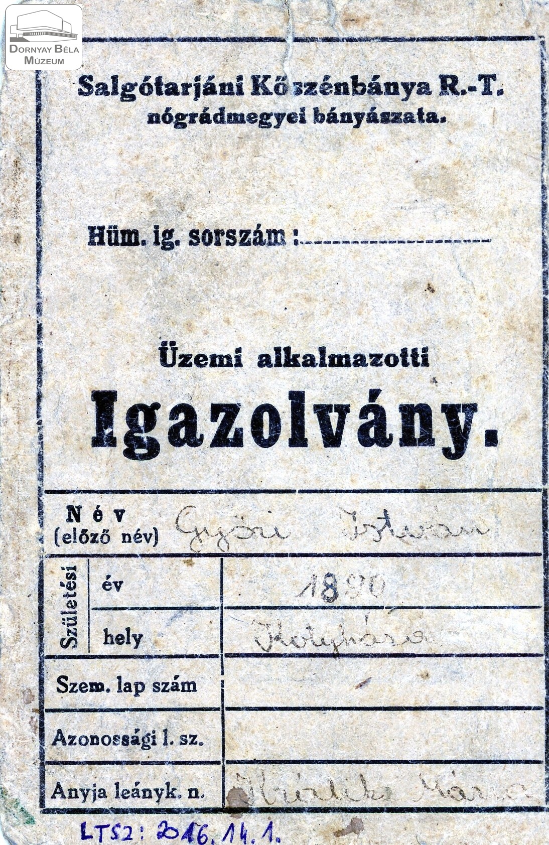 Bányász alkalmazotti igazolvány (Dornyay Béla Múzeum, Salgótarján CC BY-NC-SA)