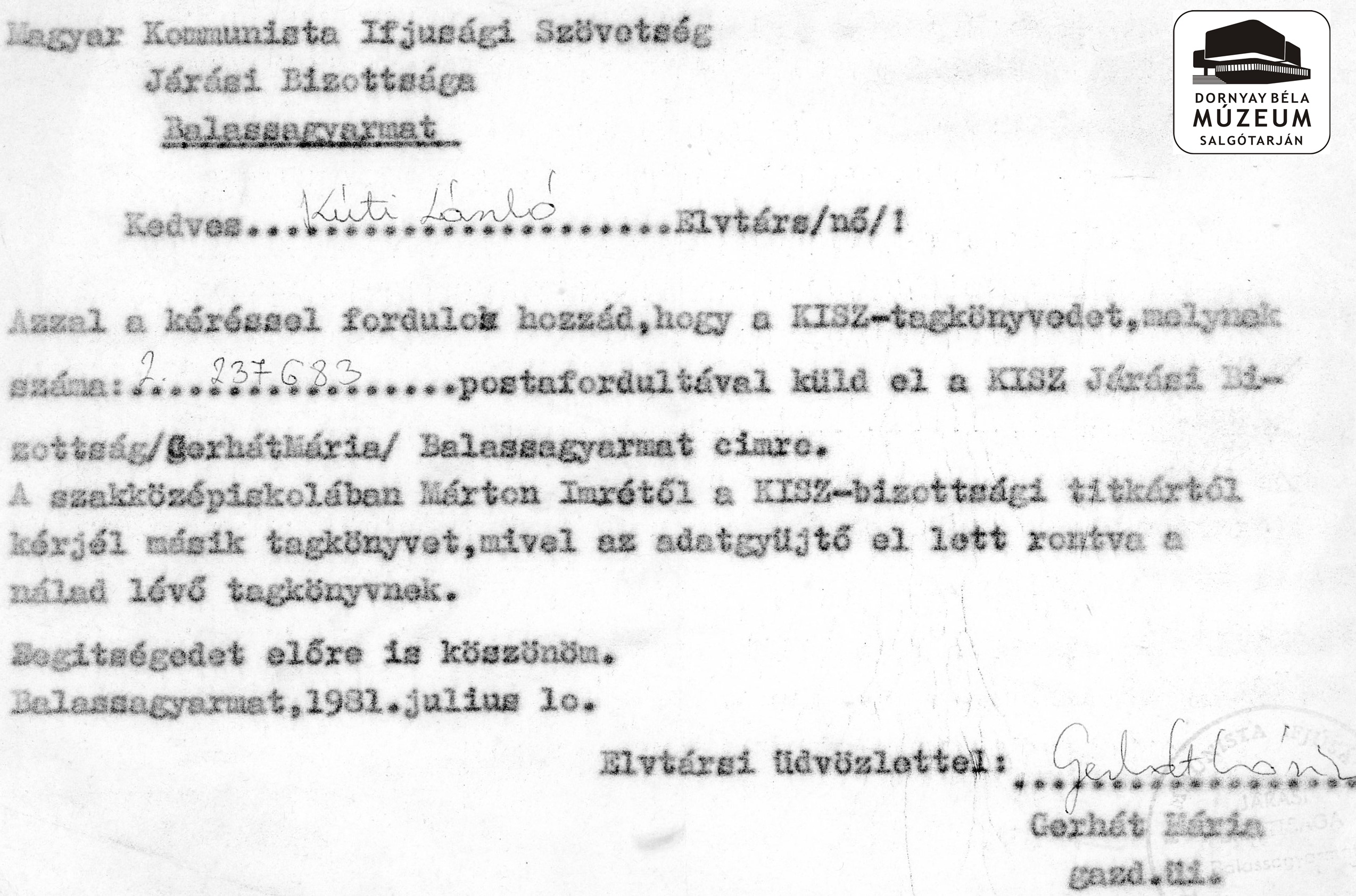 Magyar Kommunista Ifjúsági Szövetség levele (Dornyay Béla Múzeum, Salgótarján CC BY-NC-SA)