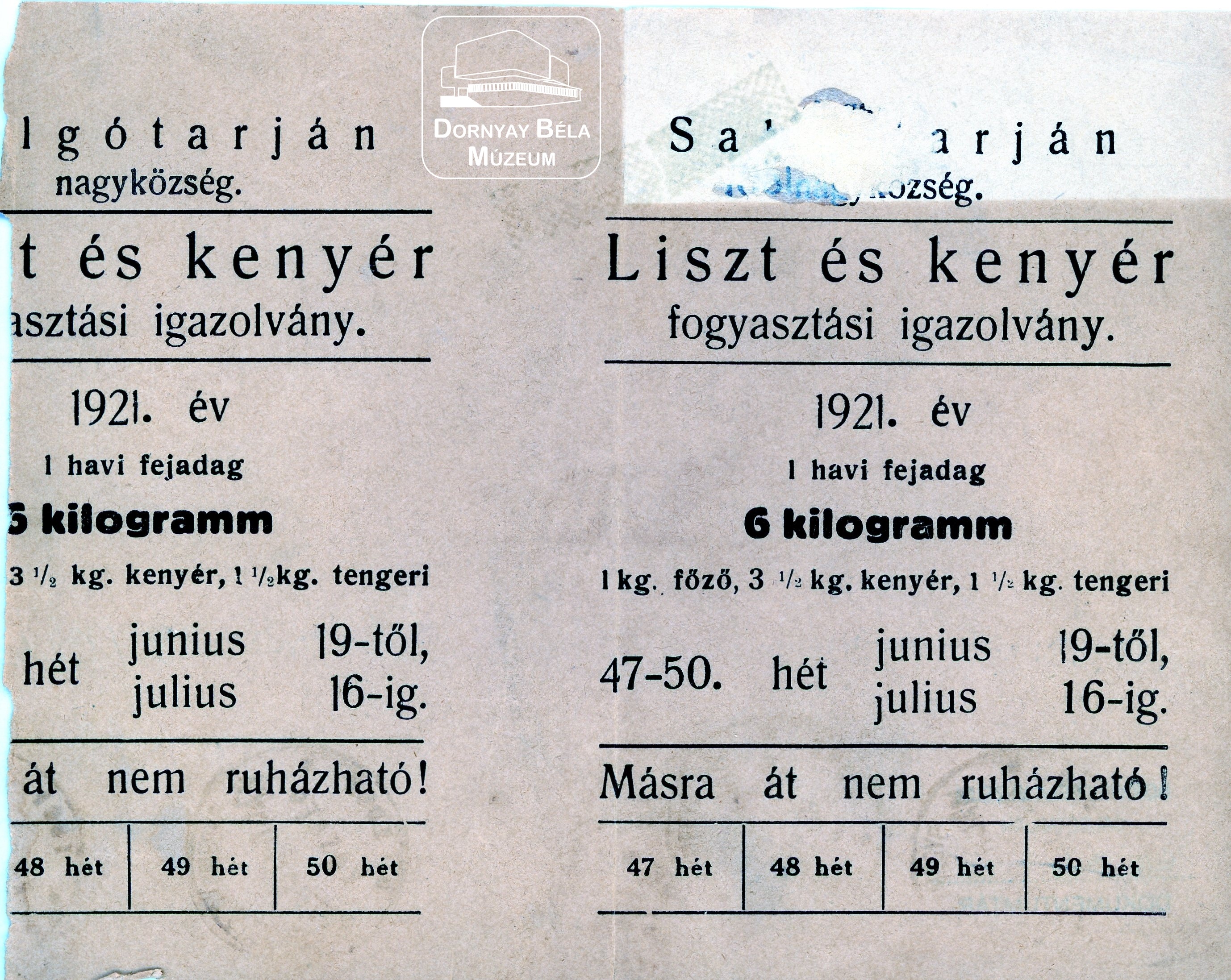 Liszt és kenyér fogyasztási igazolvány (Dornyay Béla Múzeum, Salgótarján CC BY-NC-SA)