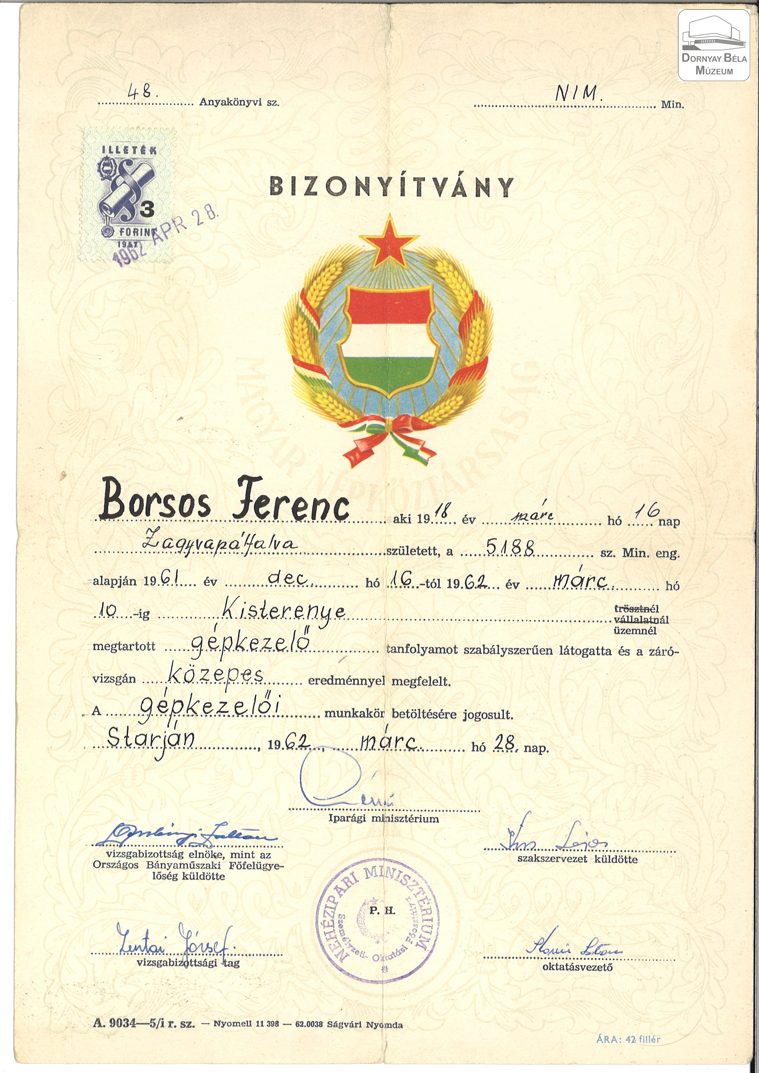Borsos Ferenc vizsgabizonyítványa (Dornyay Béla Múzeum, Salgótarján CC BY-NC-SA)