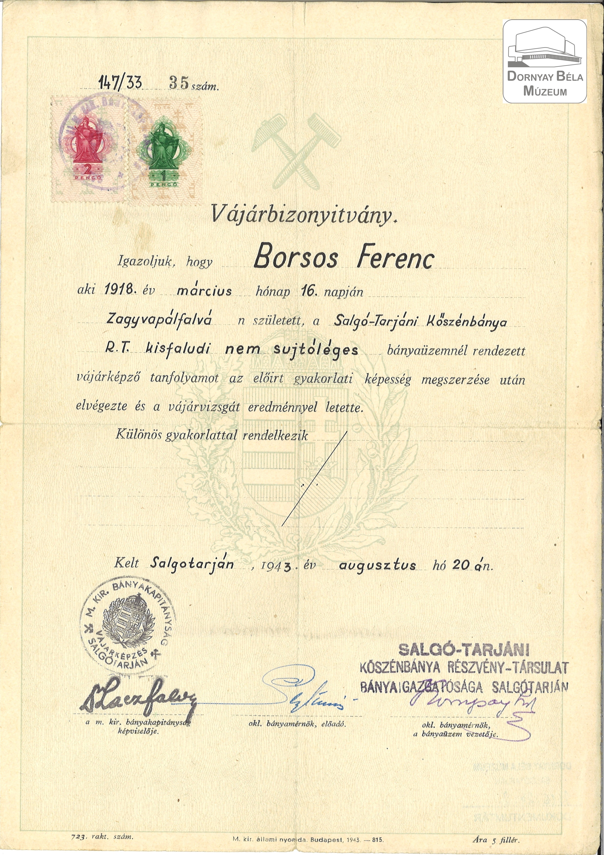 Borsos Ferenc bizonyítványa (Dornyay Béla Múzeum, Salgótarján CC BY-NC-SA)