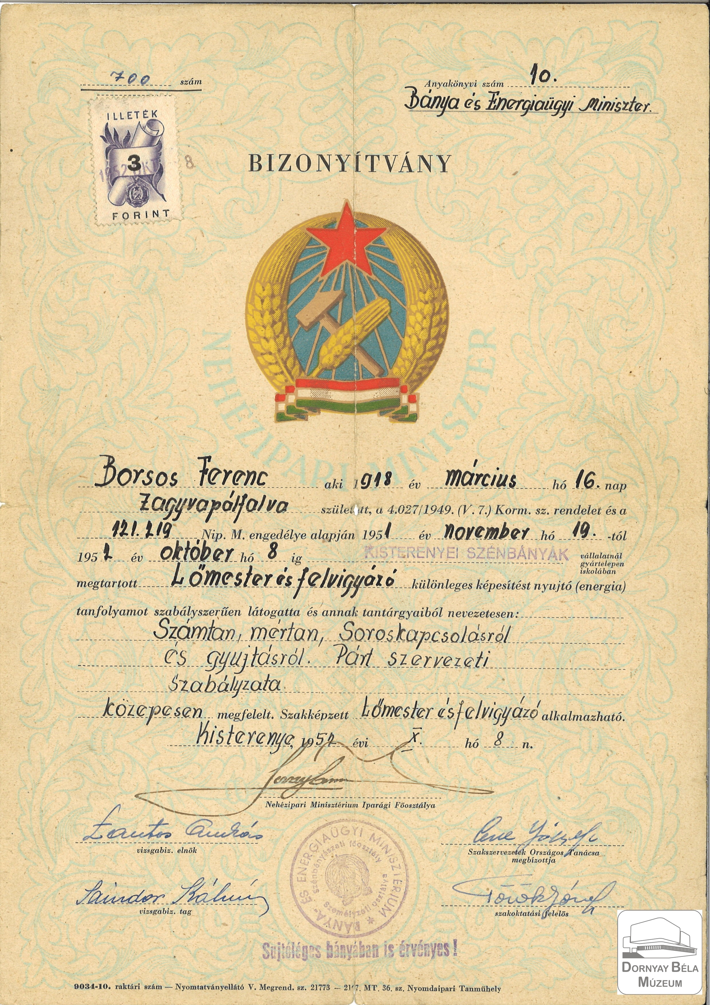 Borsos Ferenc lőmesteri bizonyítványa (Dornyay Béla Múzeum, Salgótarján CC BY-NC-SA)