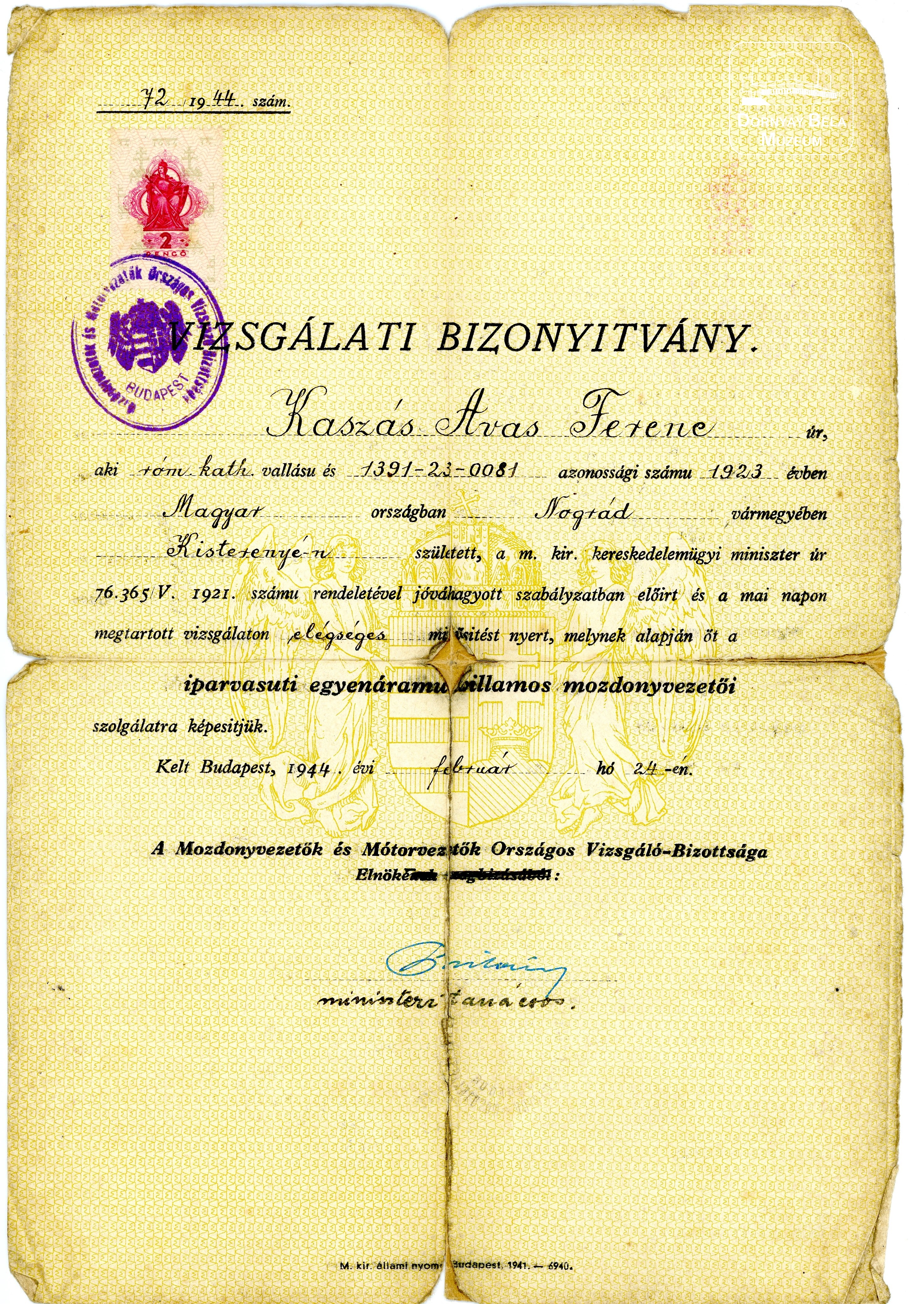 Kaszás Avas Ferenc bizonyítványa (Dornyay Béla Múzeum, Salgótarján CC BY-NC-SA)