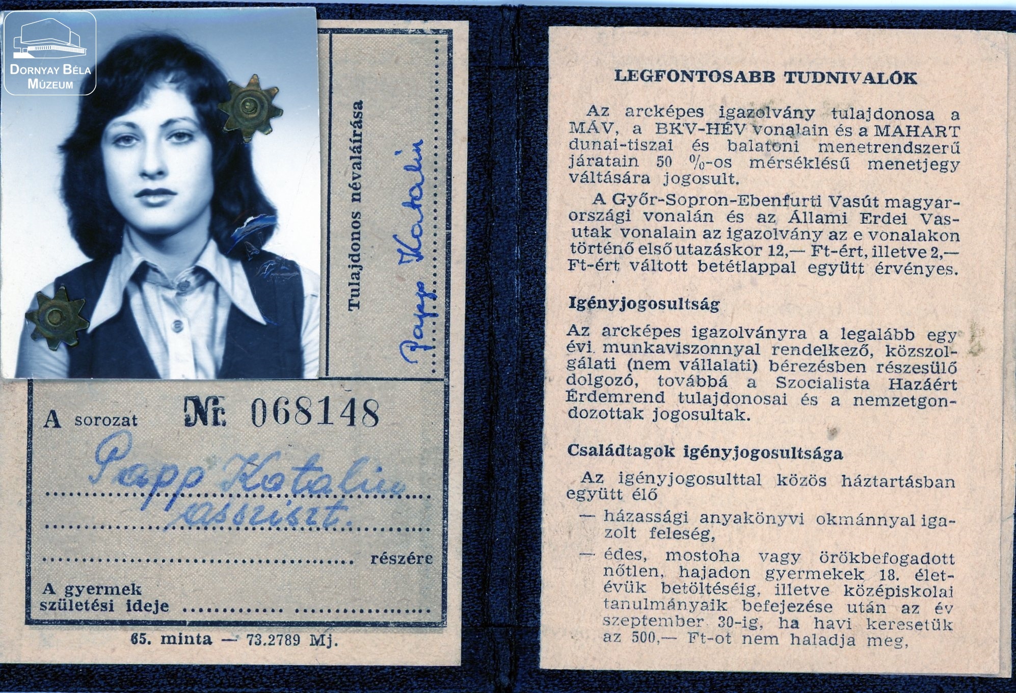 Papp Katalin MÁV igazolványa (Dornyay Béla Múzeum, Salgótarján CC BY-NC-SA)