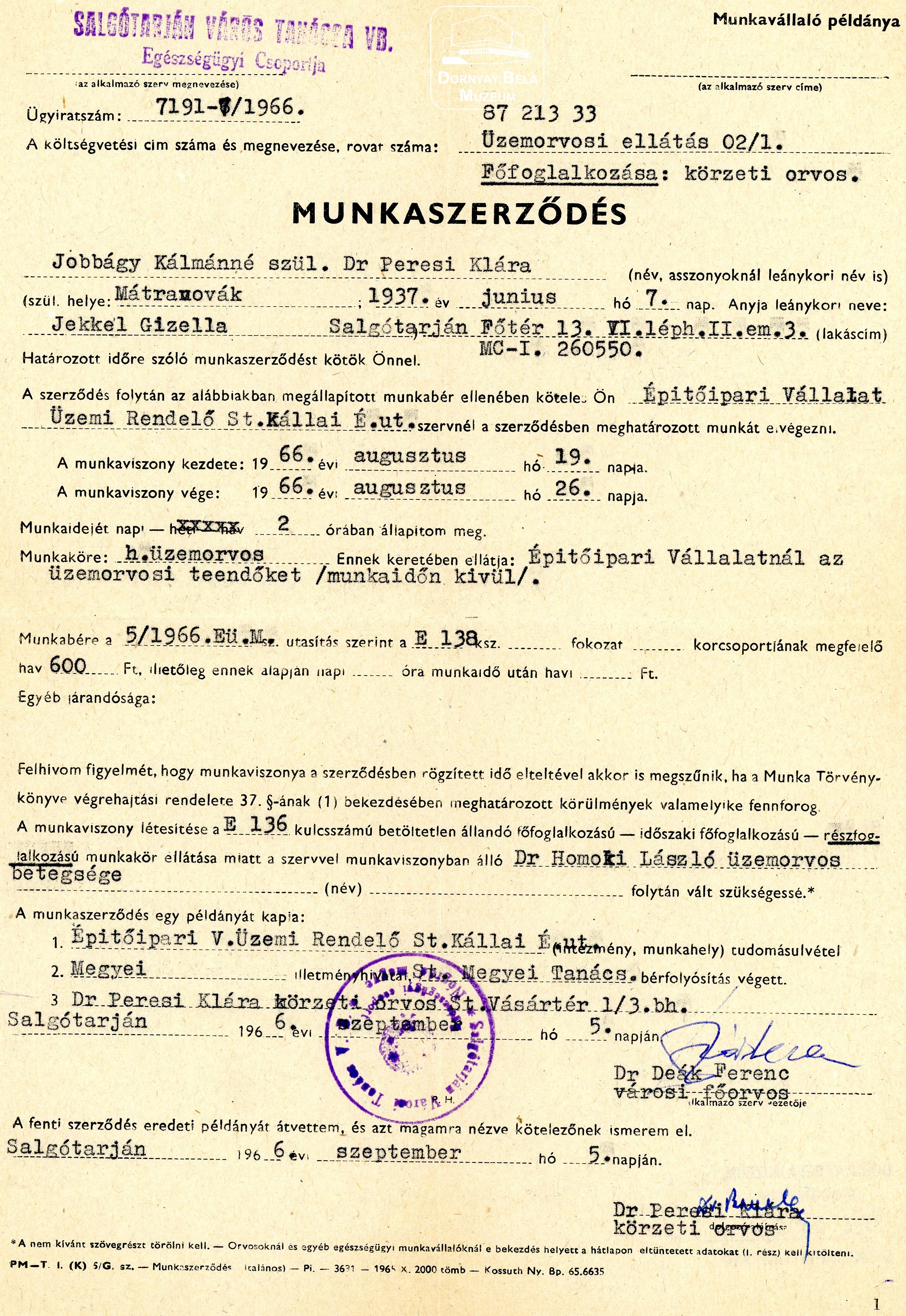 Dr Peresi Klára munkaszerződése (Dornyay Béla Múzeum, Salgótarján CC BY-NC-SA)
