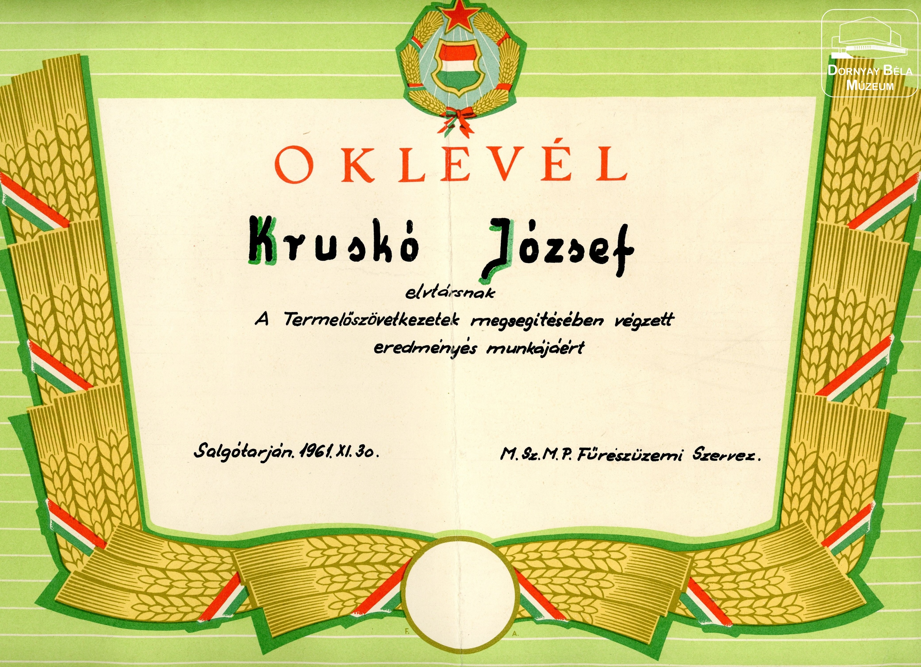 Kruskó József oklevele (Dornyay Béla Múzeum, Salgótarján CC BY-NC-SA)