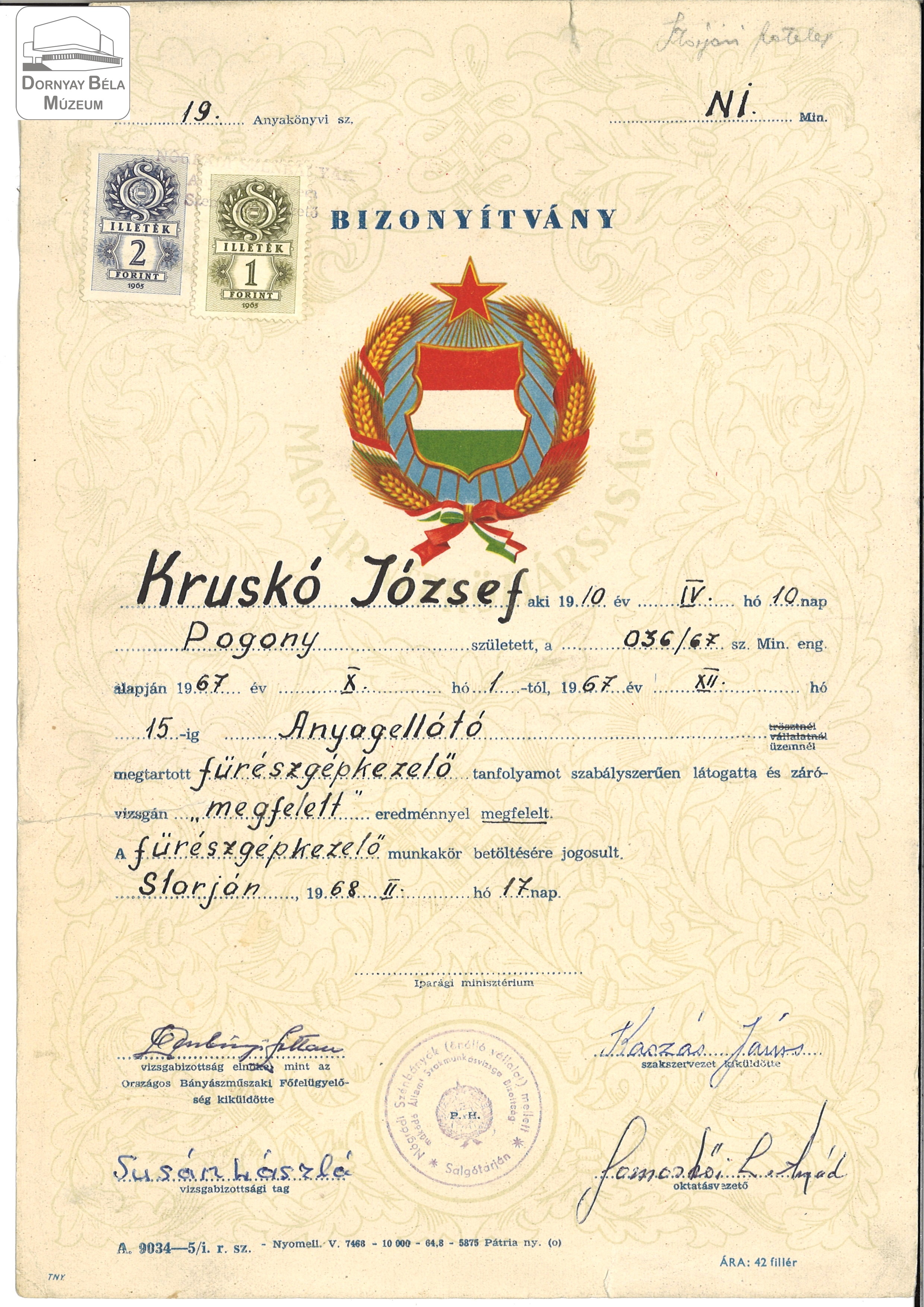 Kruskó József bizonyítványa (Dornyay Béla Múzeum, Salgótarján CC BY-NC-SA)