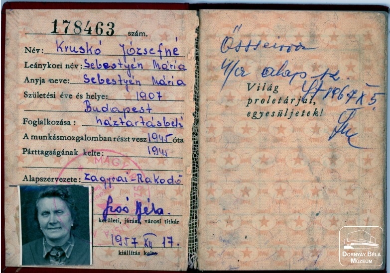 Kruskó Józsefné tagsági könyve (Dornyay Béla Múzeum, Salgótarján CC BY-NC-SA)