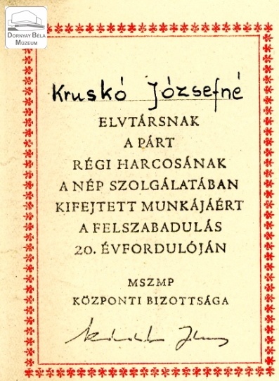 Emléklap Kruskó Józsefné részére (Dornyay Béla Múzeum, Salgótarján CC BY-NC-SA)