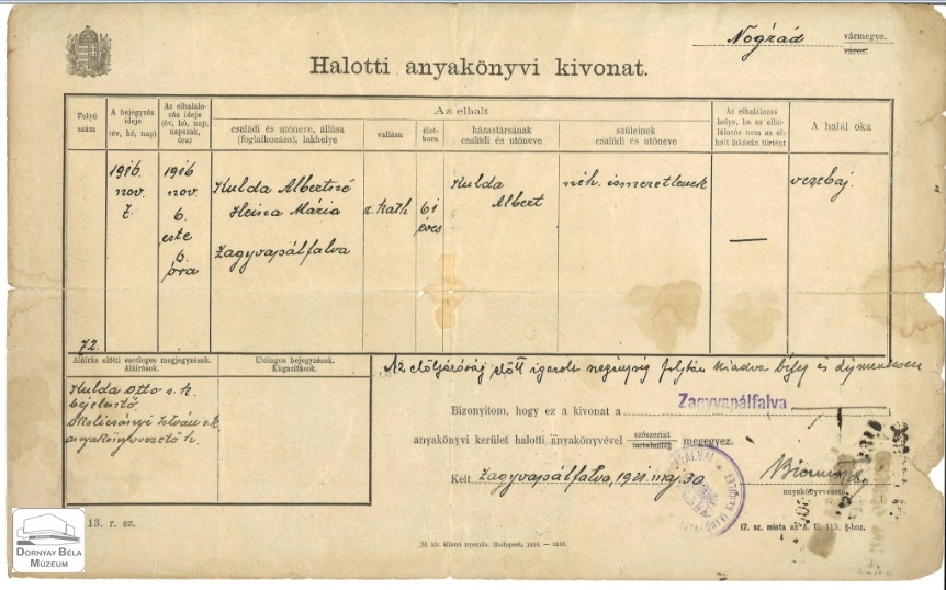 Kulda Albertné halotti anyakönyvi kivonata (Dornyay Béla Múzeum, Salgótarján CC BY-NC-SA)