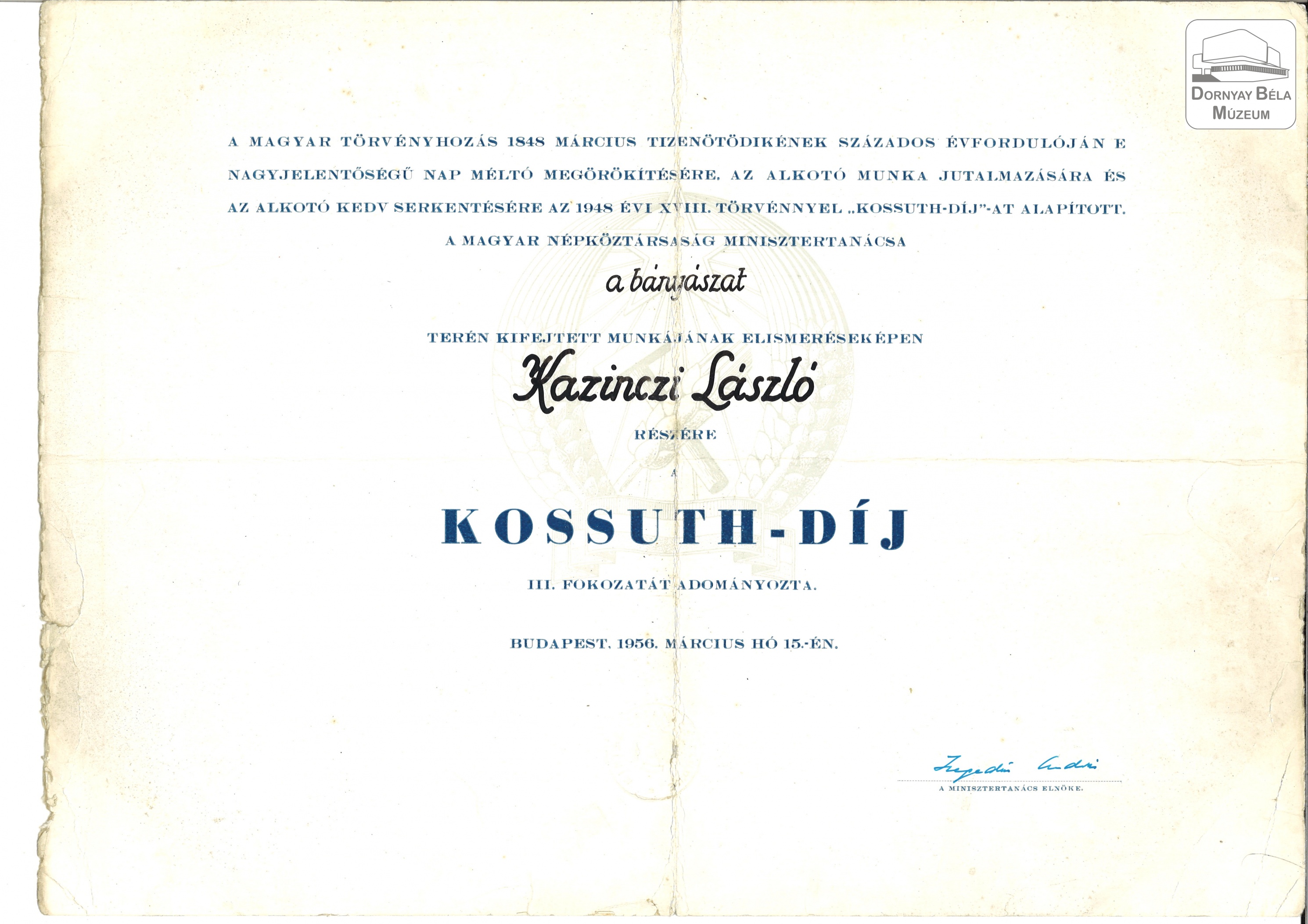 Kazinczi László bányászati Kossuth-díjának adományozólapja (Dornyay Béla Múzeum, Salgótarján CC BY-NC-SA)
