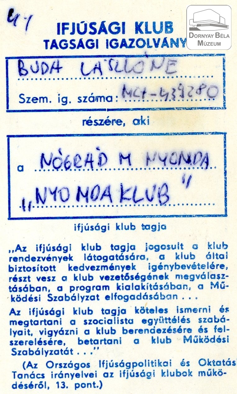 Buda Lászlóné tagsági igazolványa (Dornyay Béla Múzeum, Salgótarján CC BY-NC-SA)