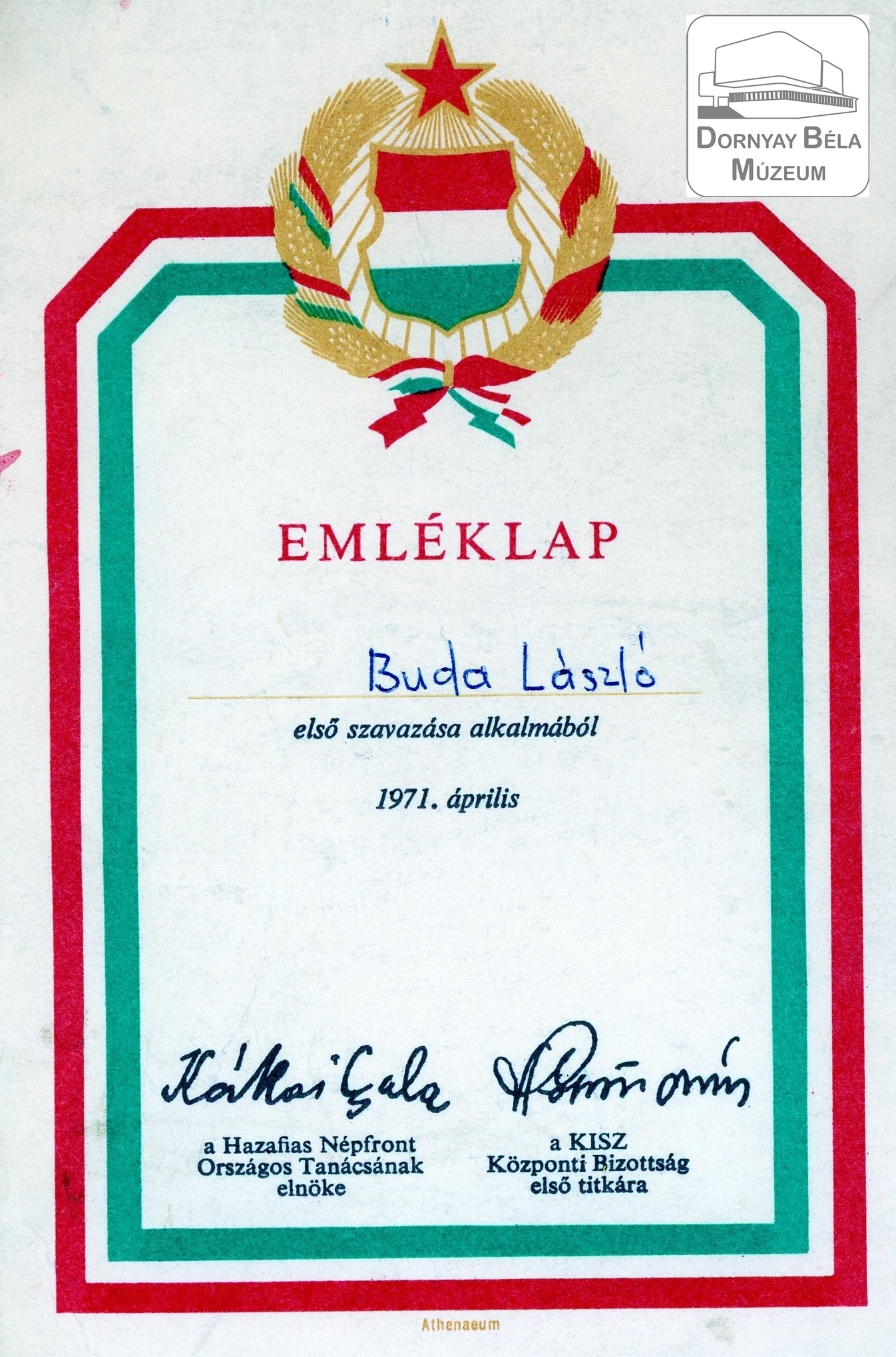 Szavazási emléklap (Dornyay Béla Múzeum, Salgótarján CC BY-NC-SA)