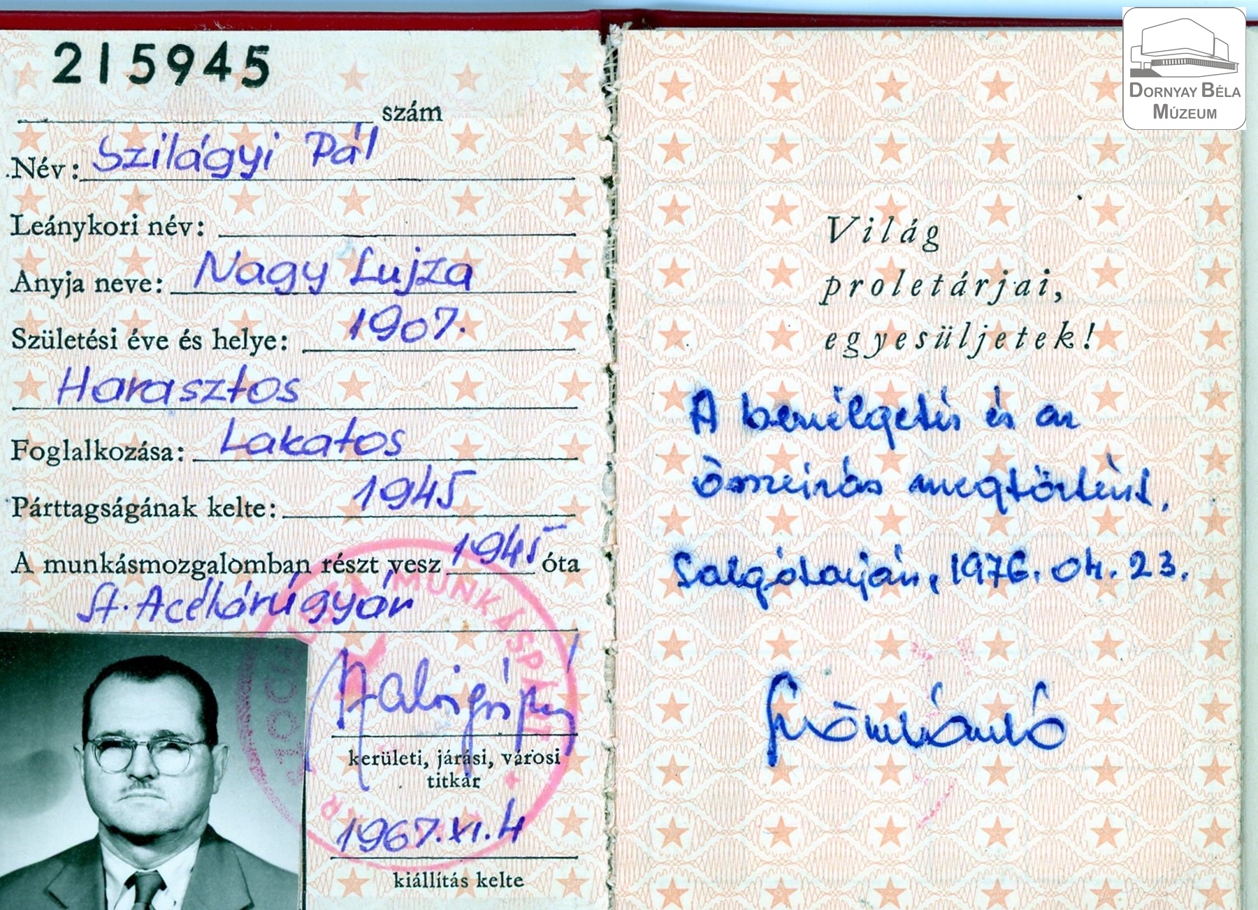 Szilágyi Pál párttagsági könyve (Dornyay Béla Múzeum, Salgótarján CC BY-NC-SA)