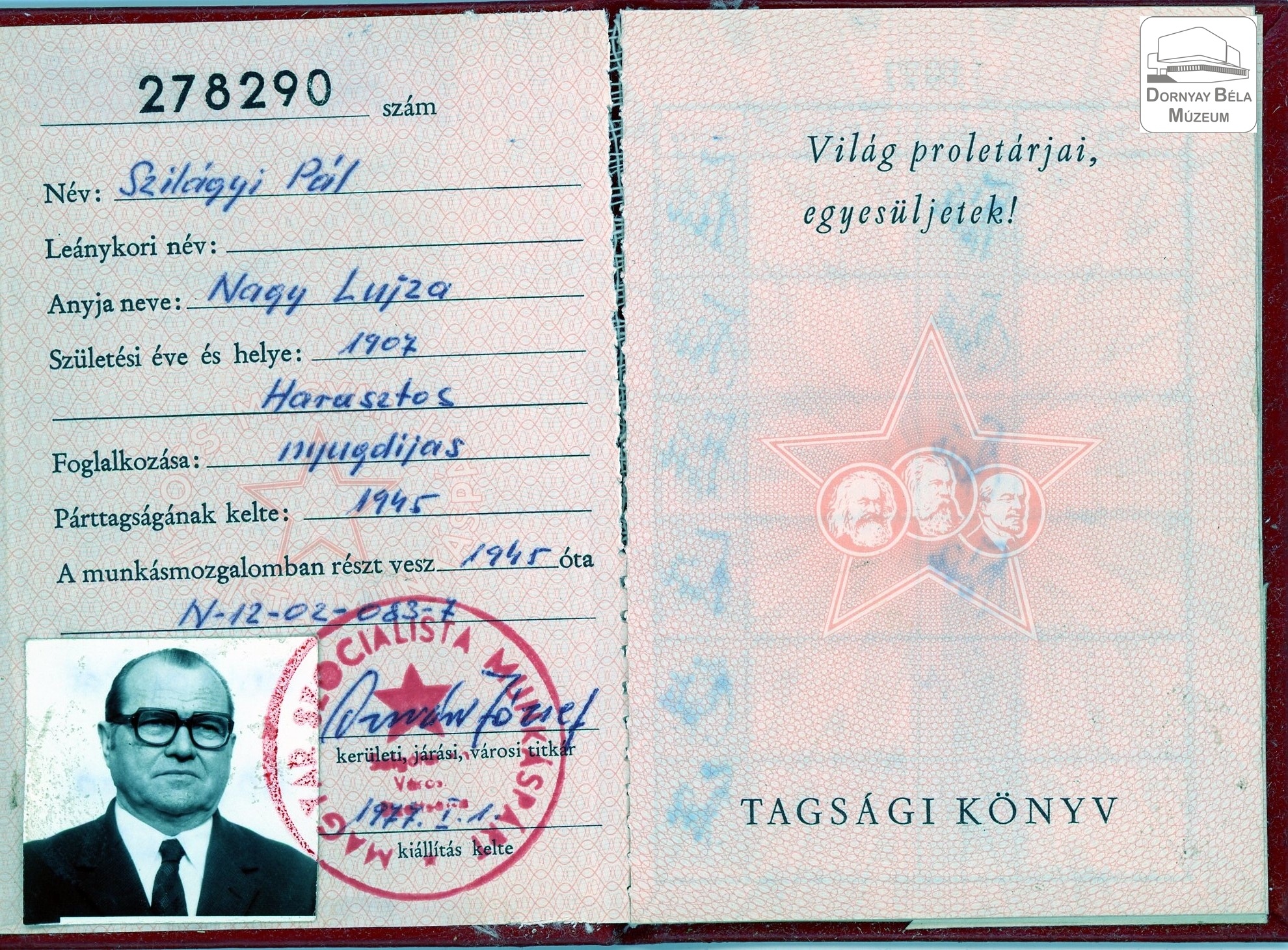 Szilágyi Pál párttagsági könyve (Dornyay Béla Múzeum, Salgótarján CC BY-NC-SA)