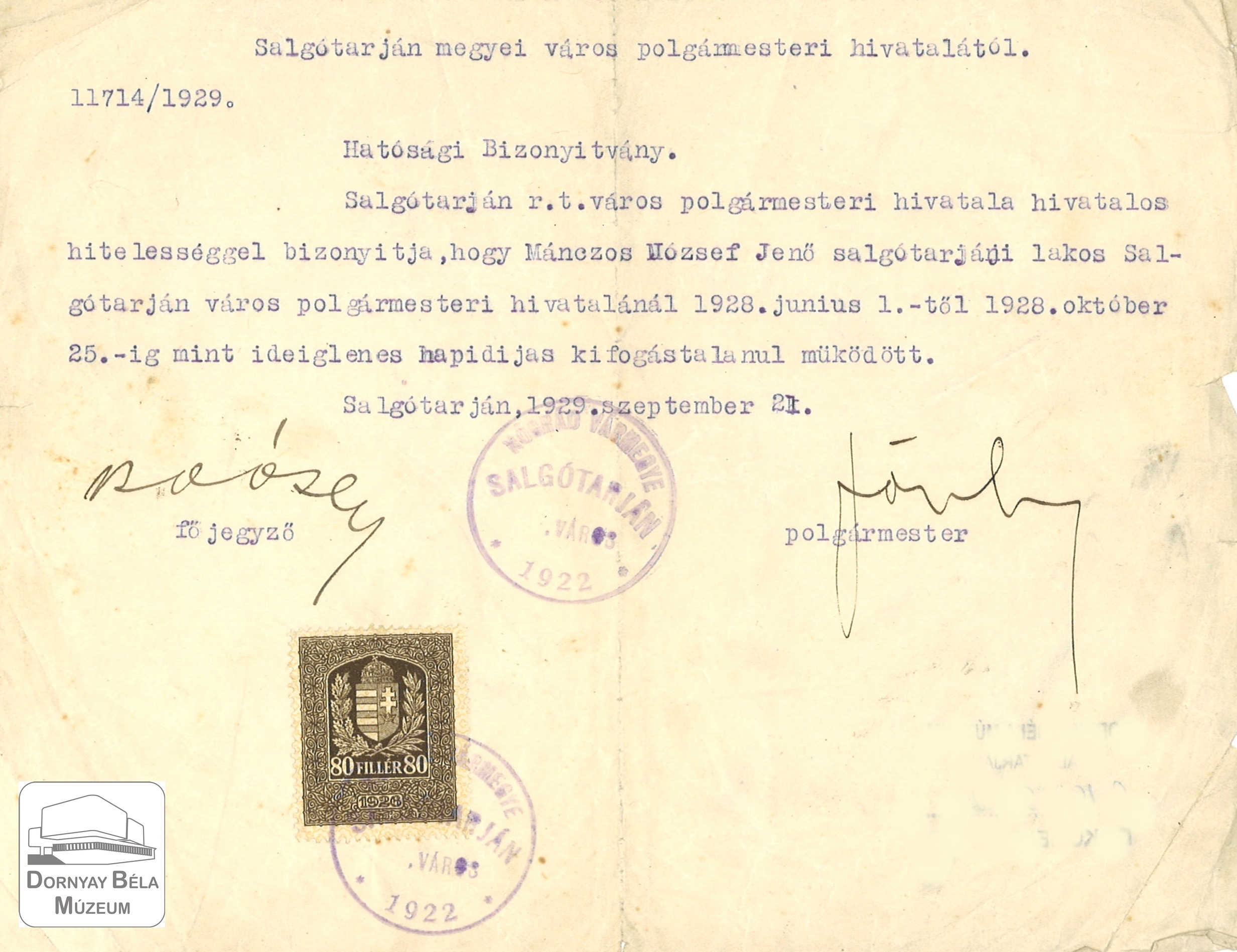 Mánczos József részére kiállított hatósági bizonyítvány (Dornyay Béla Múzeum, Salgótarján CC BY-NC-SA)