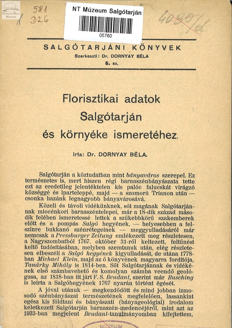 Florisztikai adatok Salgótarján és környéke ismeretéhez (Dornyay Béla Múzeum, Salgótarján CC BY-NC-SA)