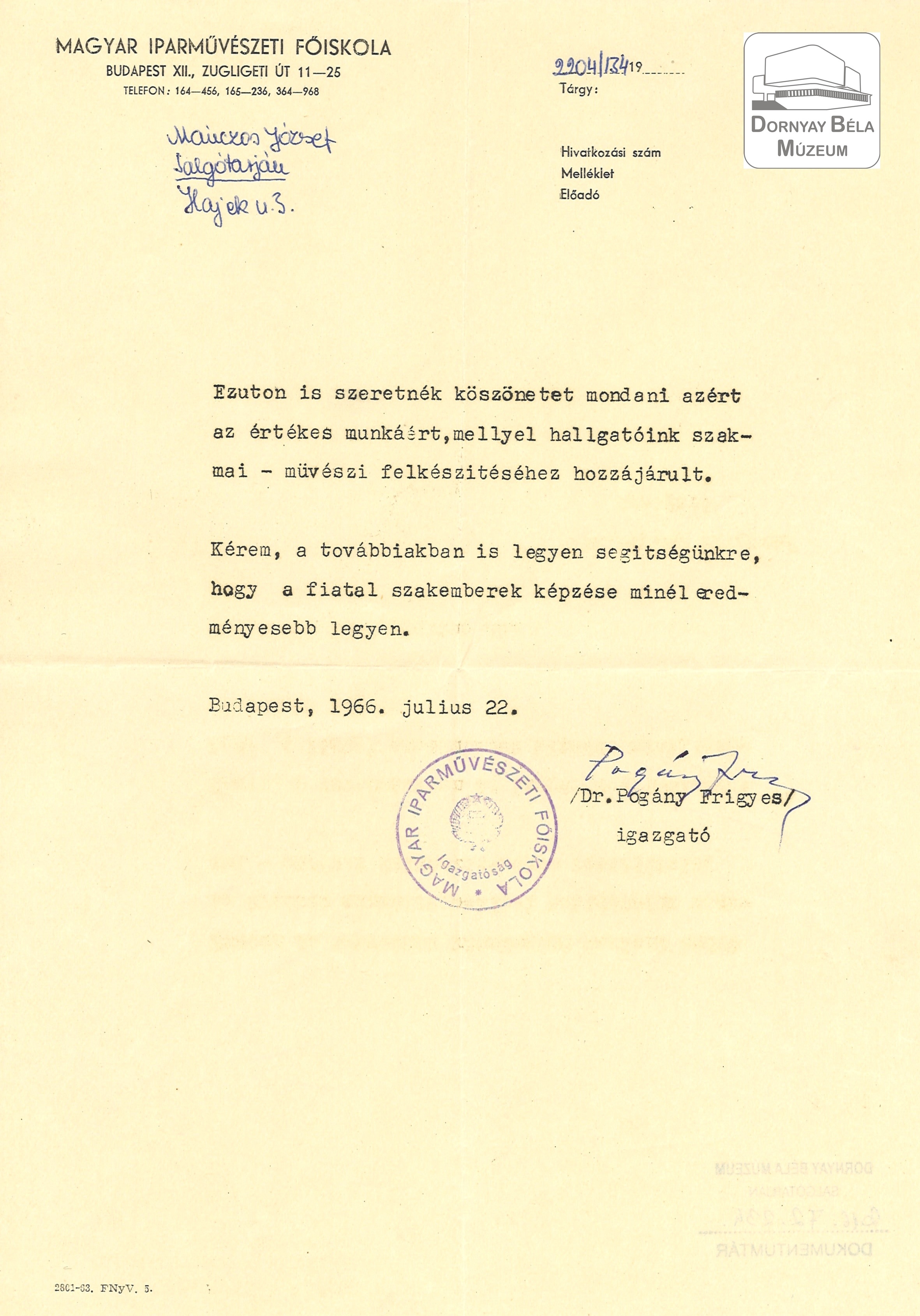 Dr. Pogány Frigyes levele (Dornyay Béla Múzeum, Salgótarján CC BY-NC-SA)