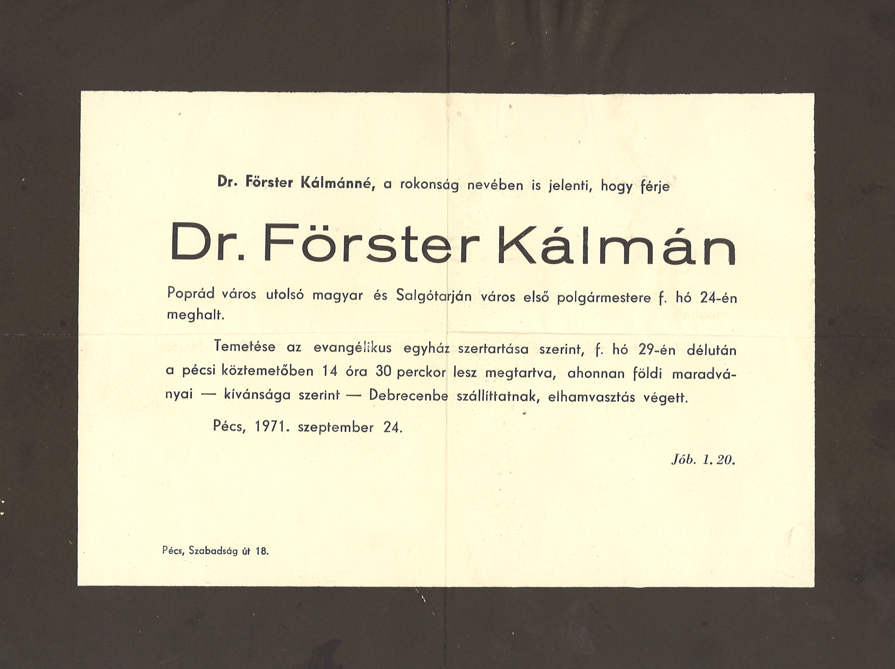 Dr. Förster Kálmán gyászjelentése (Dornyay Béla Múzeum, Salgótarján CC BY-NC-SA)
