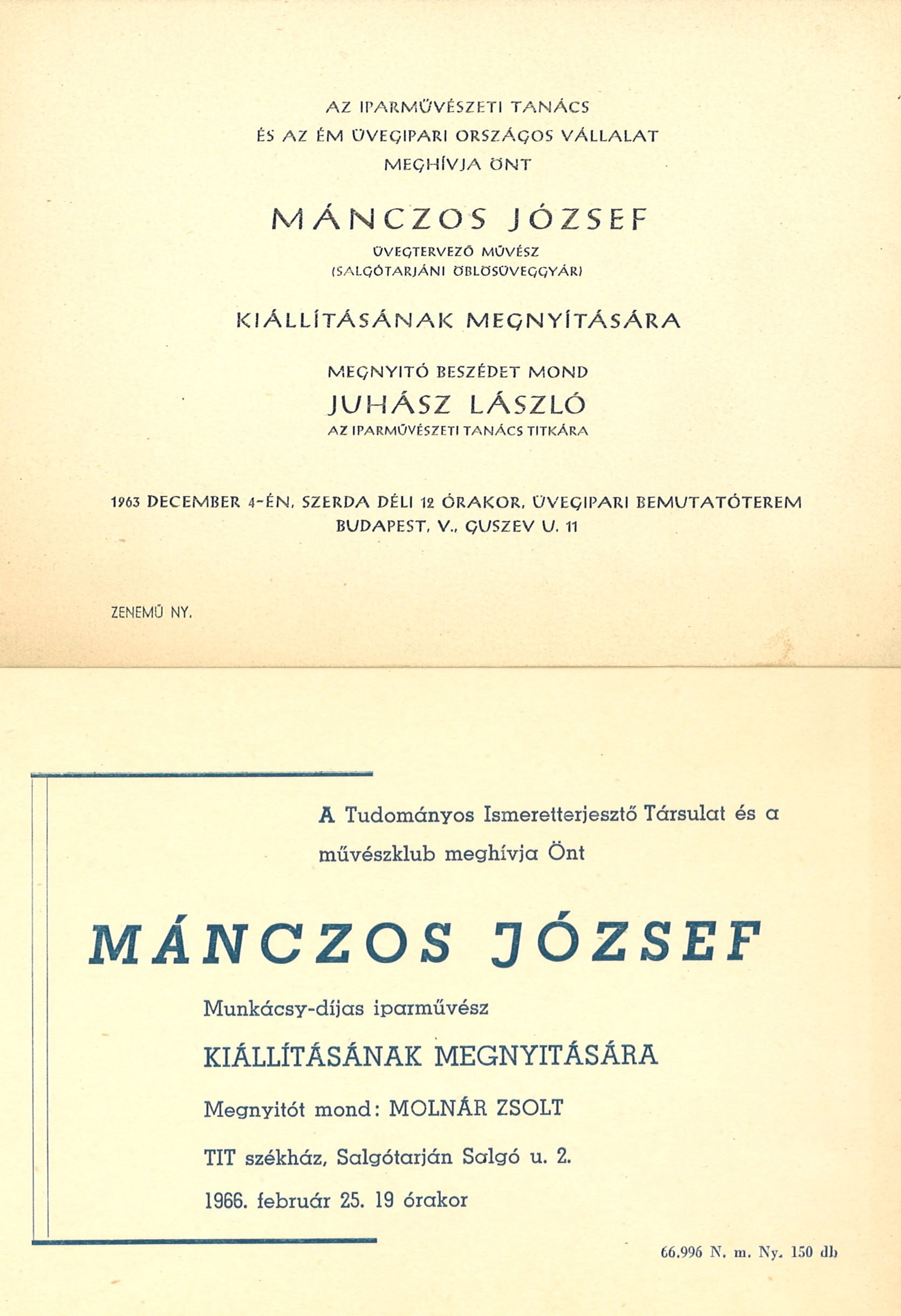 Meghívók Mánczos József kiállítására (Dornyay Béla Múzeum, Salgótarján CC BY-NC-SA)