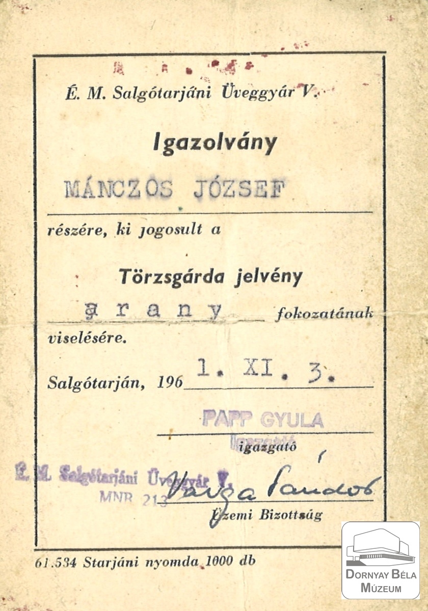 Mánczos József igazolványa (Dornyay Béla Múzeum, Salgótarján CC BY-NC-SA)