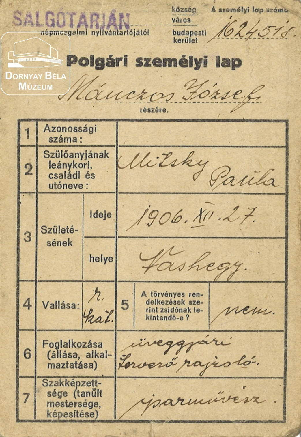 Mánczos József polgári személyi lapja (Dornyay Béla Múzeum, Salgótarján CC BY-NC-SA)