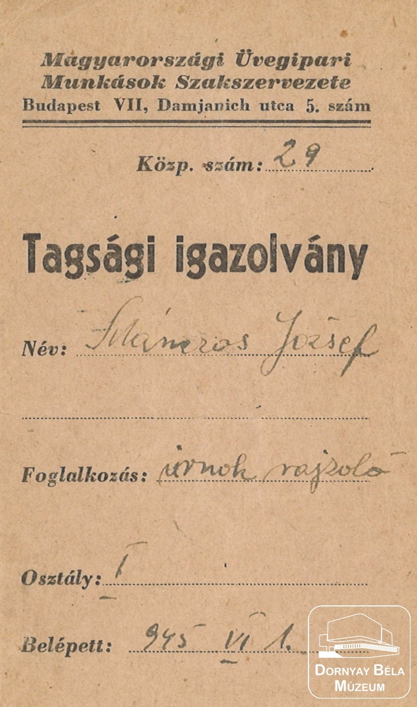 Mánczos József tagsági igazolványa (Dornyay Béla Múzeum, Salgótarján CC BY-NC-SA)