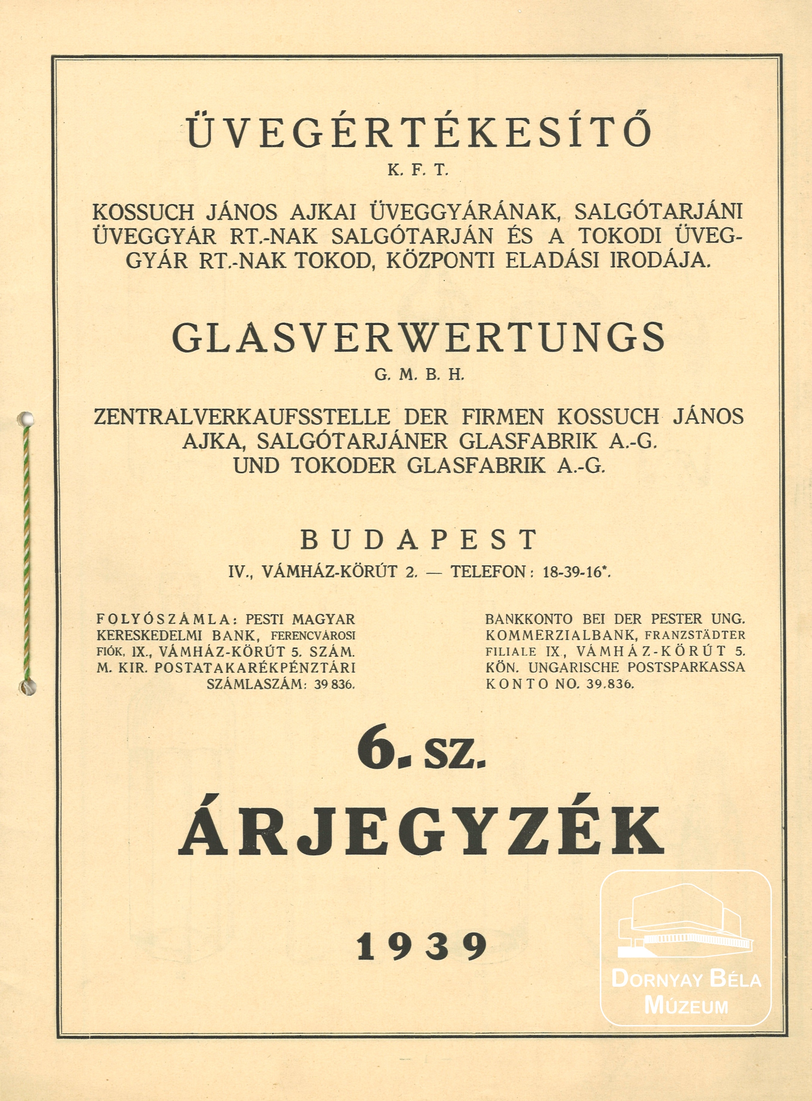 Üvegértékesítő Kft. 6. számú árjegyzéke (Dornyay Béla Múzeum, Salgótarján CC BY-NC-SA)
