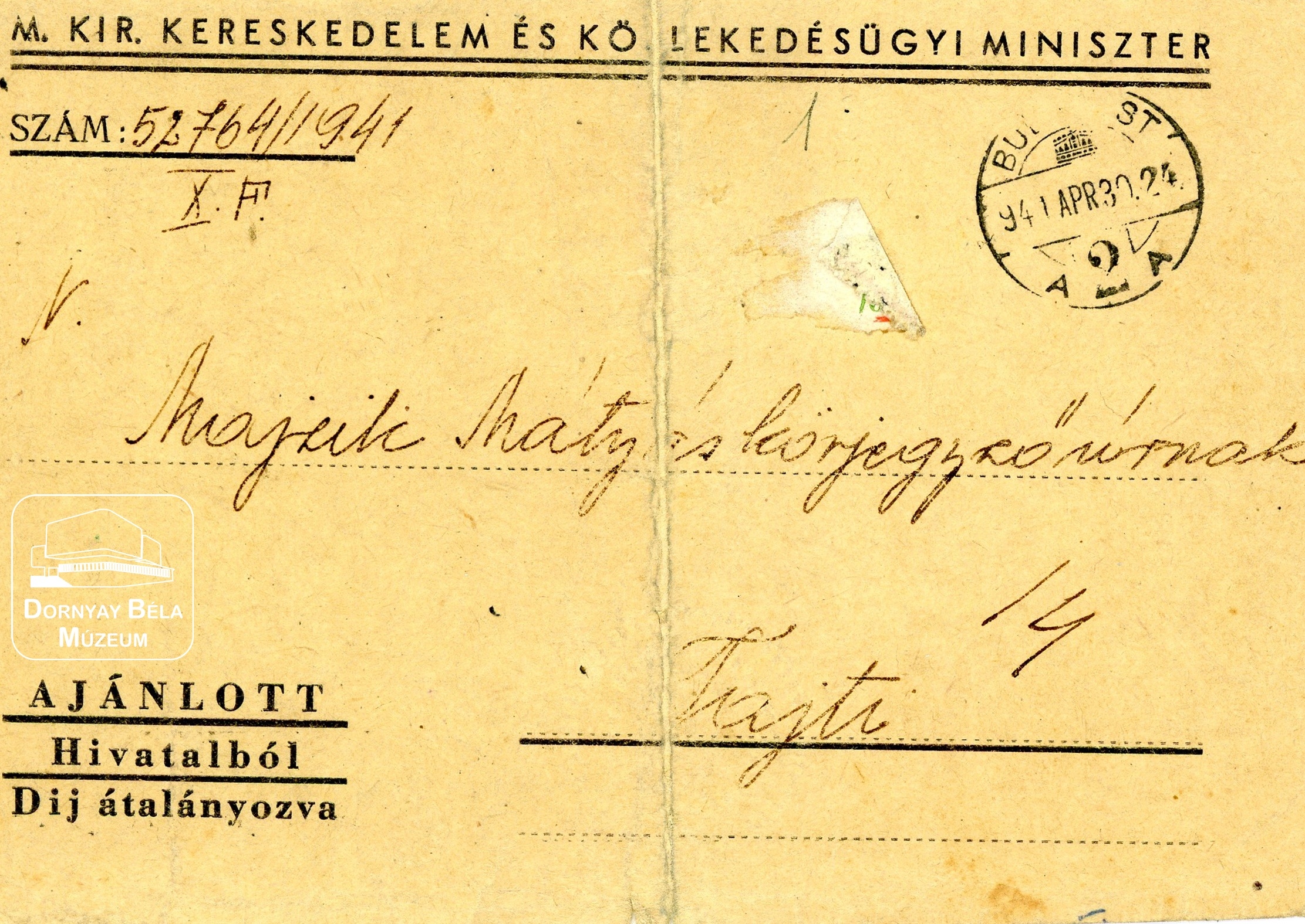 Levelezőlap Majzik Mátyás körjegyző részére (Dornyay Béla Múzeum, Salgótarján CC BY-NC-SA)