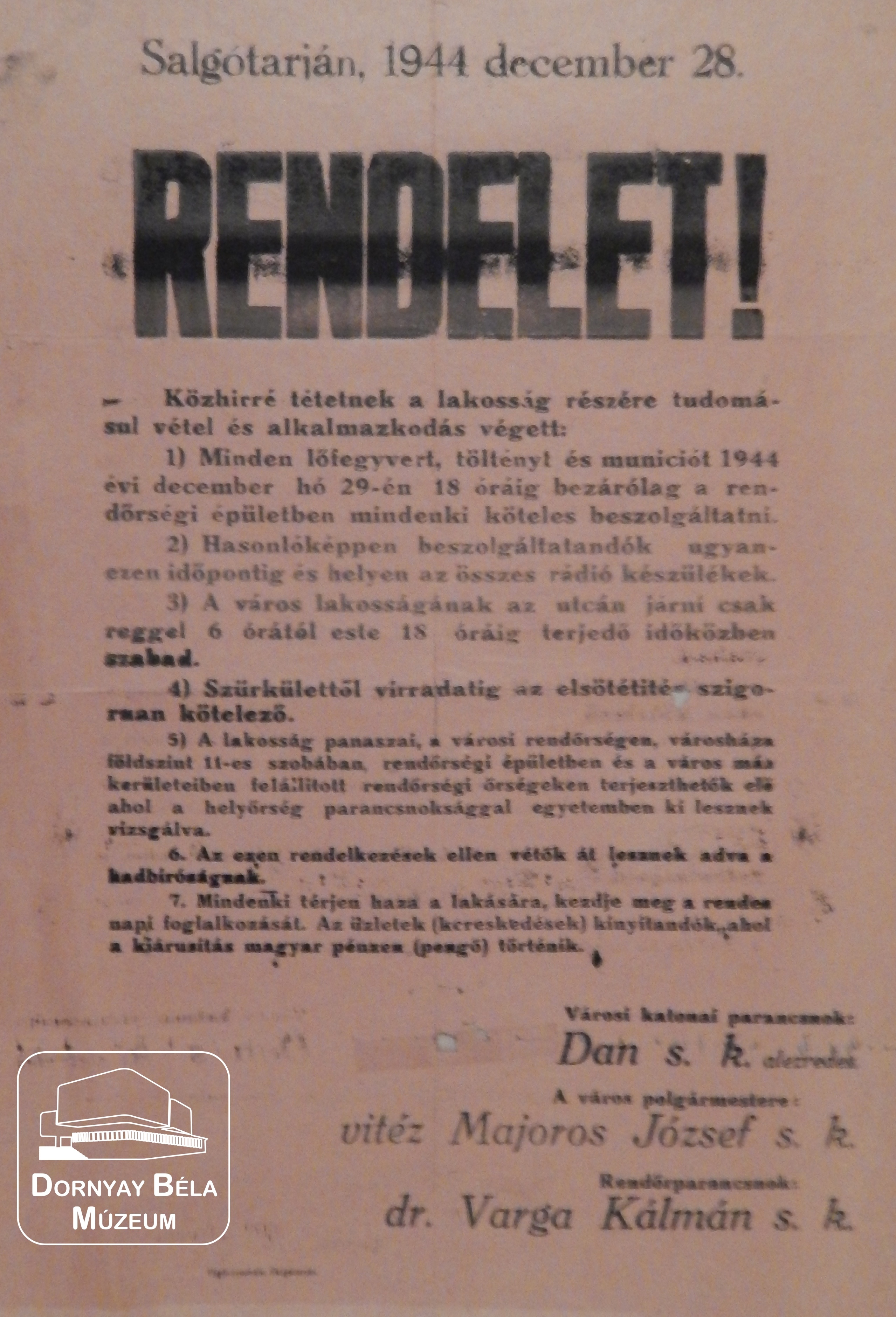 Fegyverbeszolgáltatási rendelet (Dornyay Béla Múzeum, Salgótarján CC BY-NC-SA)