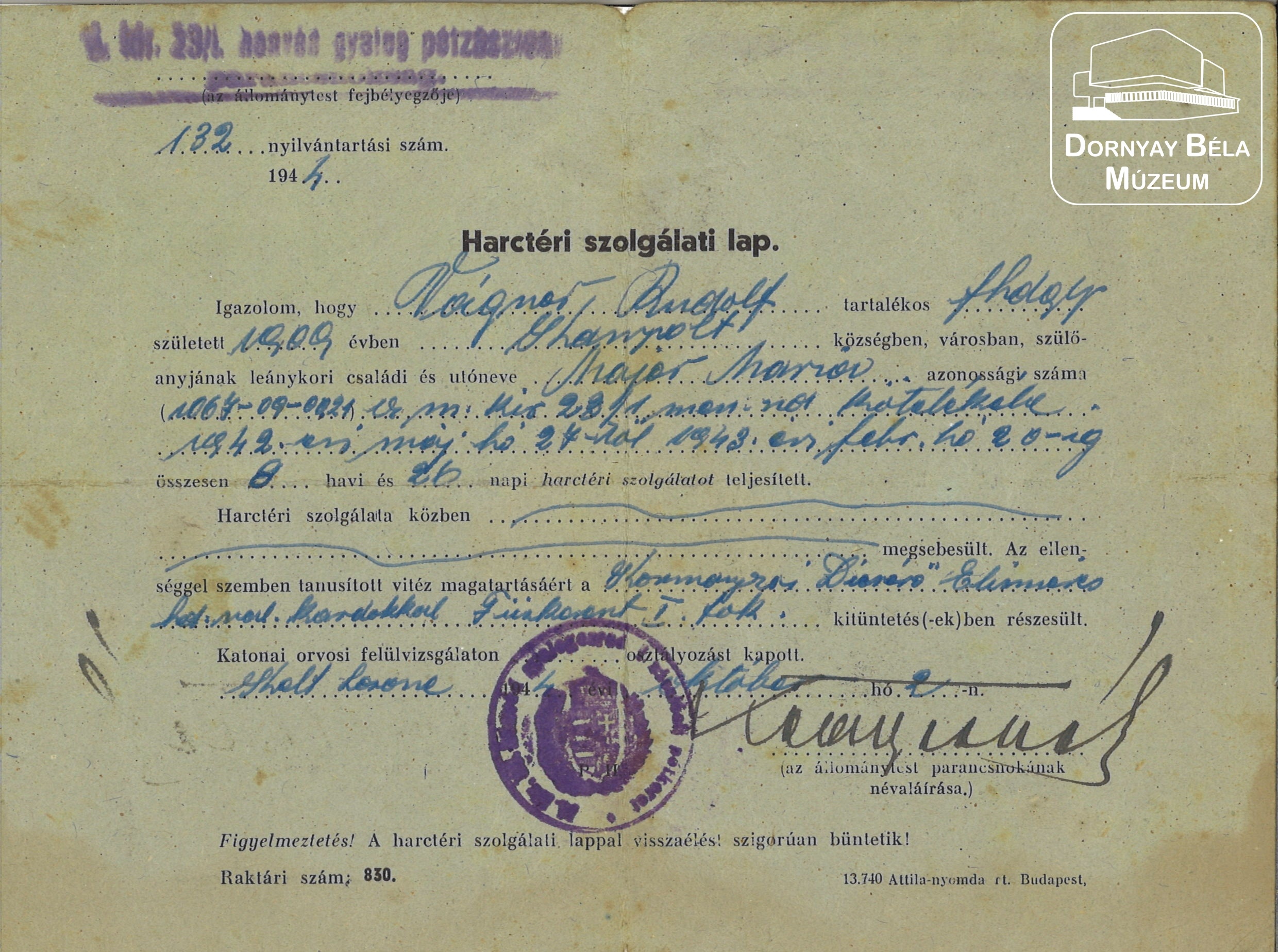 Wágner Rudolf szolgálati lapja (Dornyay Béla Múzeum, Salgótarján CC BY-NC-SA)