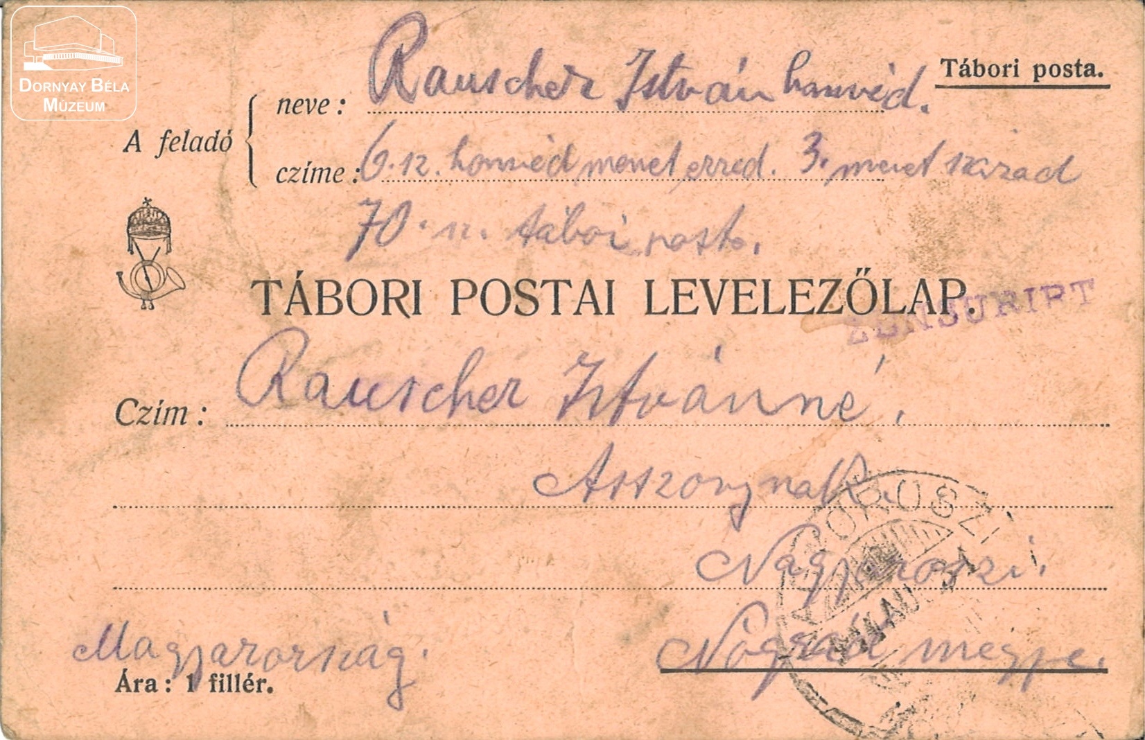 Tábori posta Réti Istvánné részére (Dornyay Béla Múzeum, Salgótarján CC BY-NC-SA)