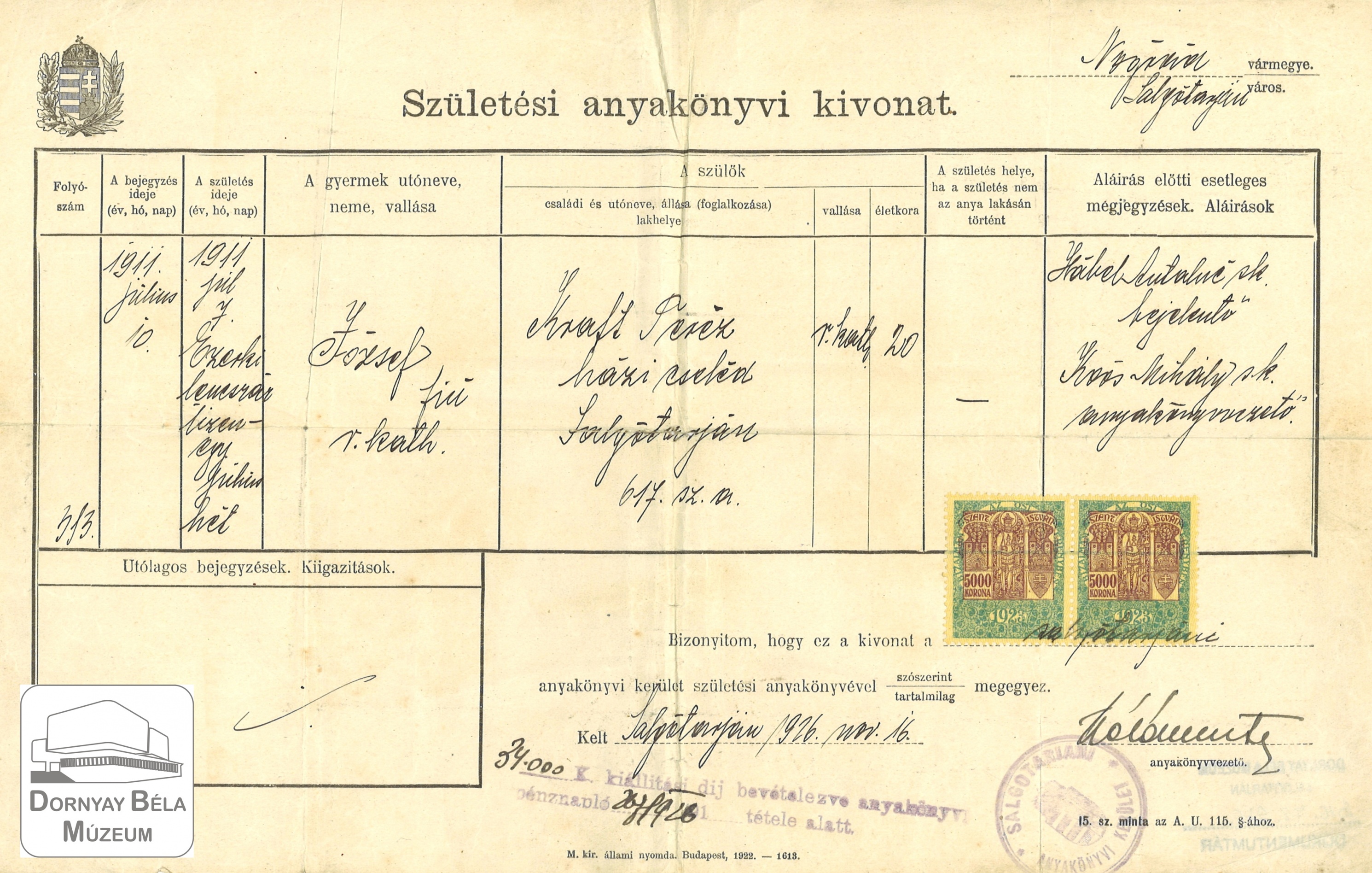 Szegedi József konyhavezető születési anyakönyvi kivonata (Dornyay Béla Múzeum, Salgótarján CC BY-NC-SA)