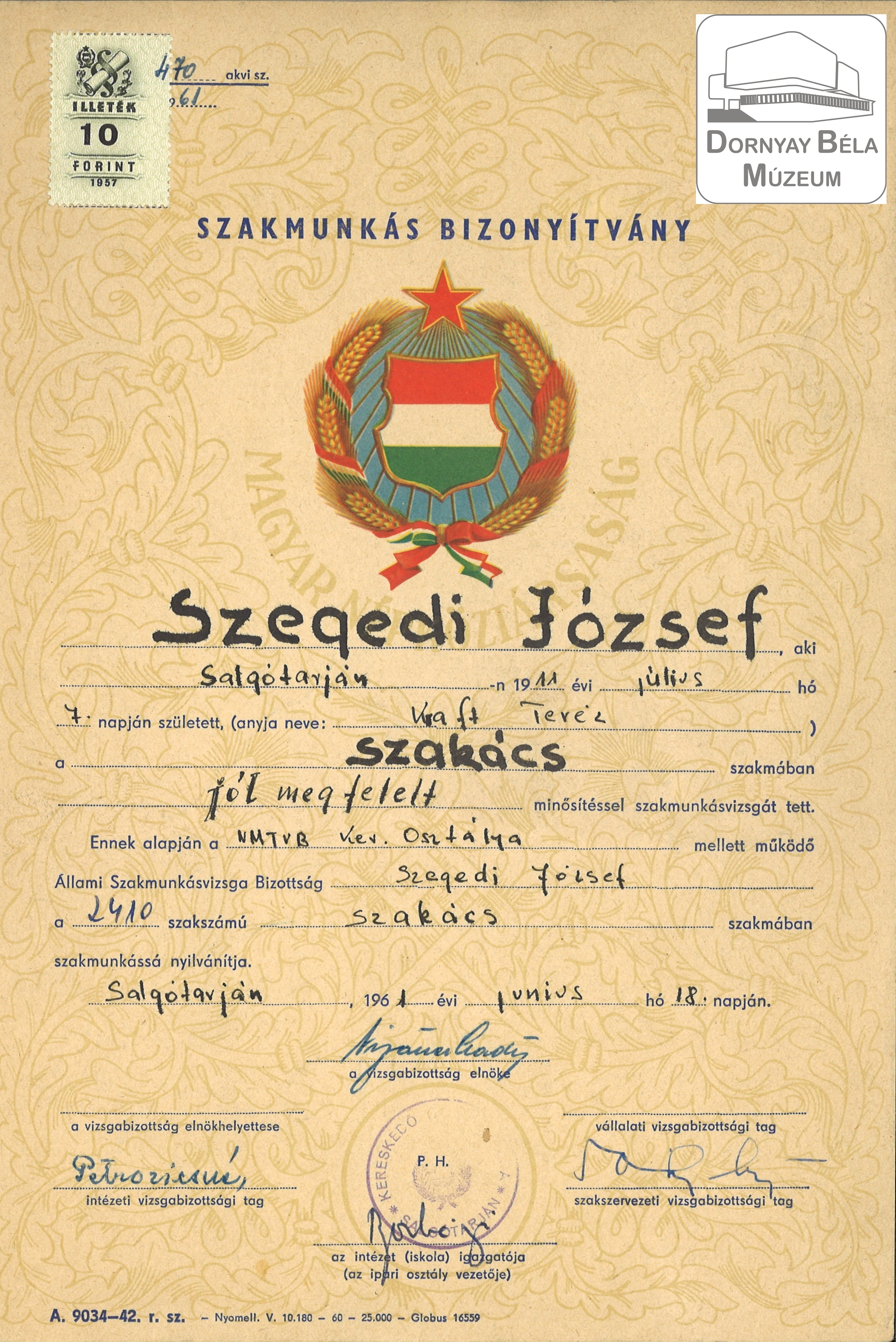 Szegedi József szakács szakmunkás bizonyítványa (Dornyay Béla Múzeum, Salgótarján CC BY-NC-SA)
