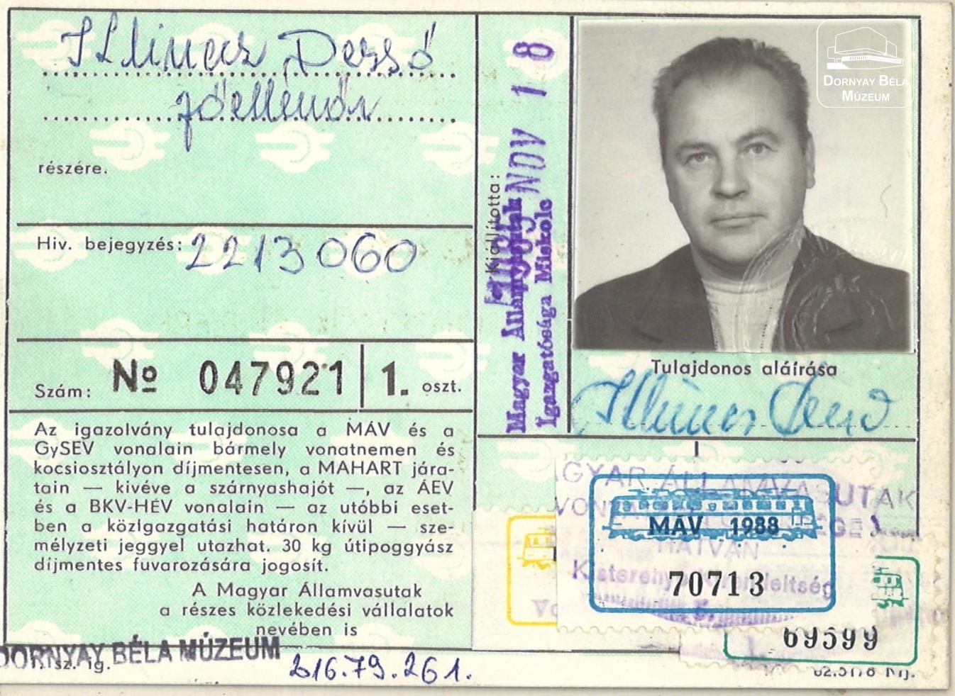 Klinecz Dezső MÁV főellenőr utazási igazolványa (Dornyay Béla Múzeum, Salgótarján CC BY-NC-SA)