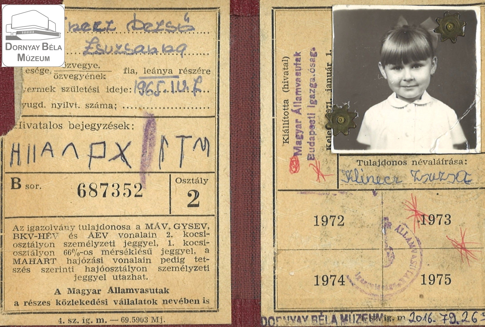 Klinecz Dezső MÁV főellenőr lányának utazási igazolványa (Dornyay Béla Múzeum, Salgótarján CC BY-NC-SA)