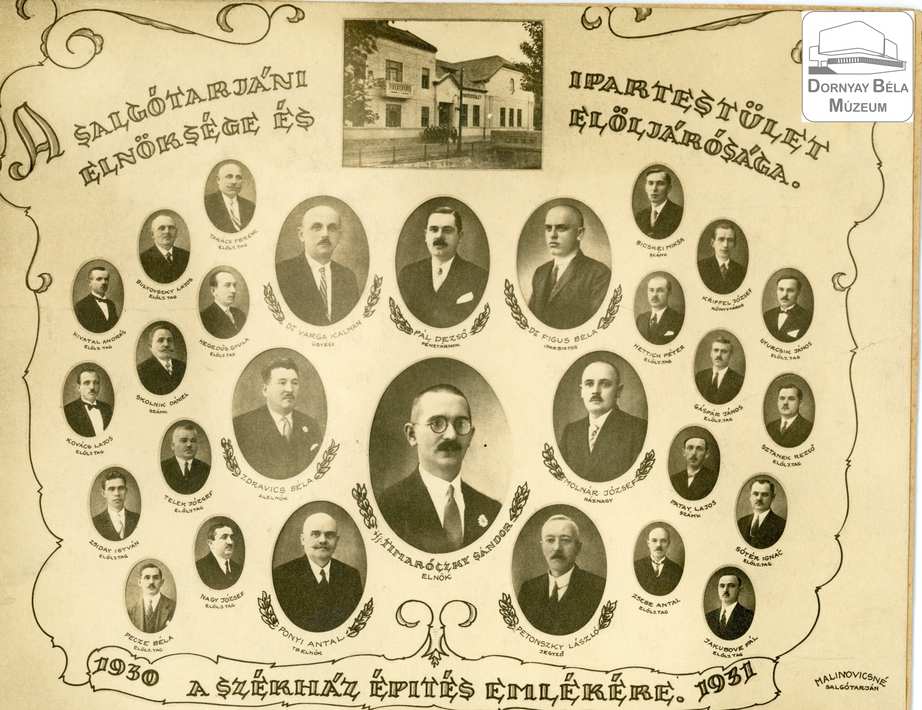 A Salgótarjáni Ipartestület elnöksége és elöljárósága tablóképen. (Dornyay Béla Múzeum, Salgótarján CC BY-NC-SA)
