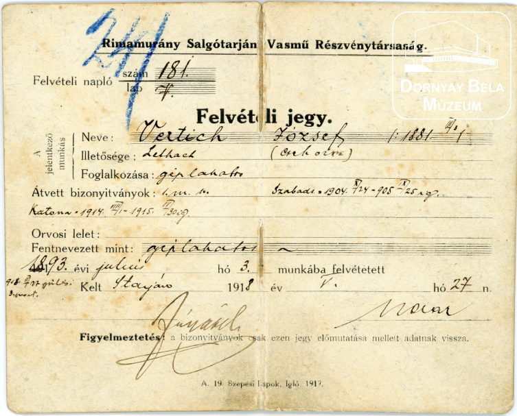 Vertich József felvételi jegye 1918 (Dornyay Béla Múzeum, Salgótarján CC BY-NC-SA)